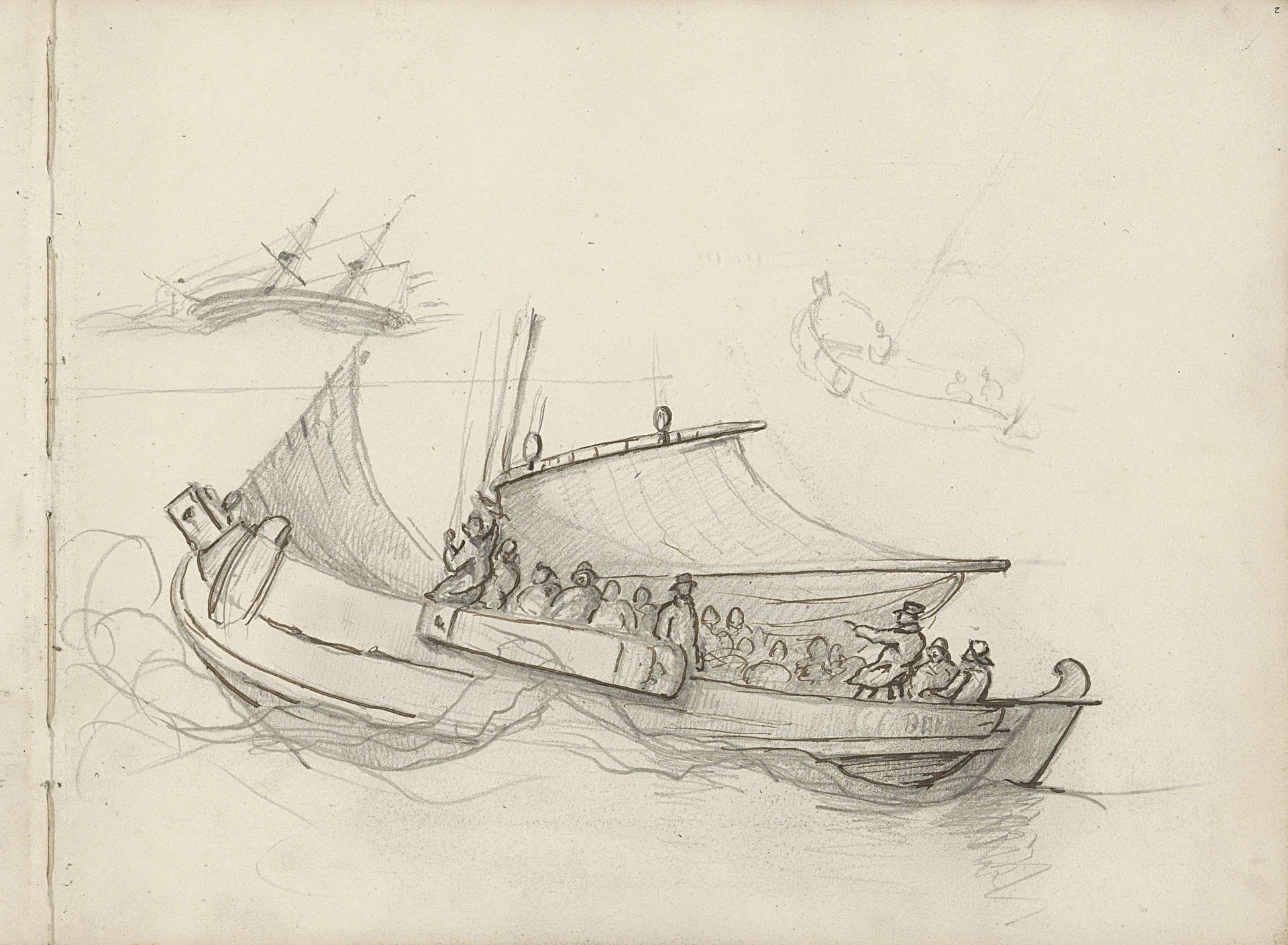 Figuren op een schip met neergehaald zeil by Petrus Johannes Schotel