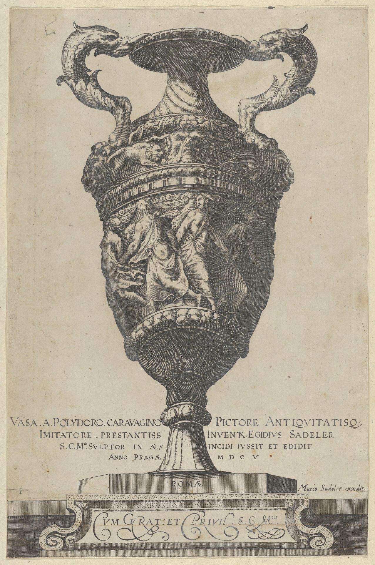 Title page depicting a two-handled base with dancing nymphs, from Antique Vases (Vasa a Polidoro Caravagino) by Aegidius Sadeler II
