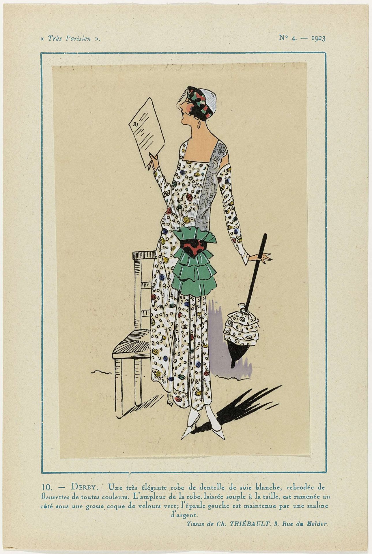 Très Parisien, 1923, No. 4: 10. -DERBY. Une très élégante robe... by Anonymous