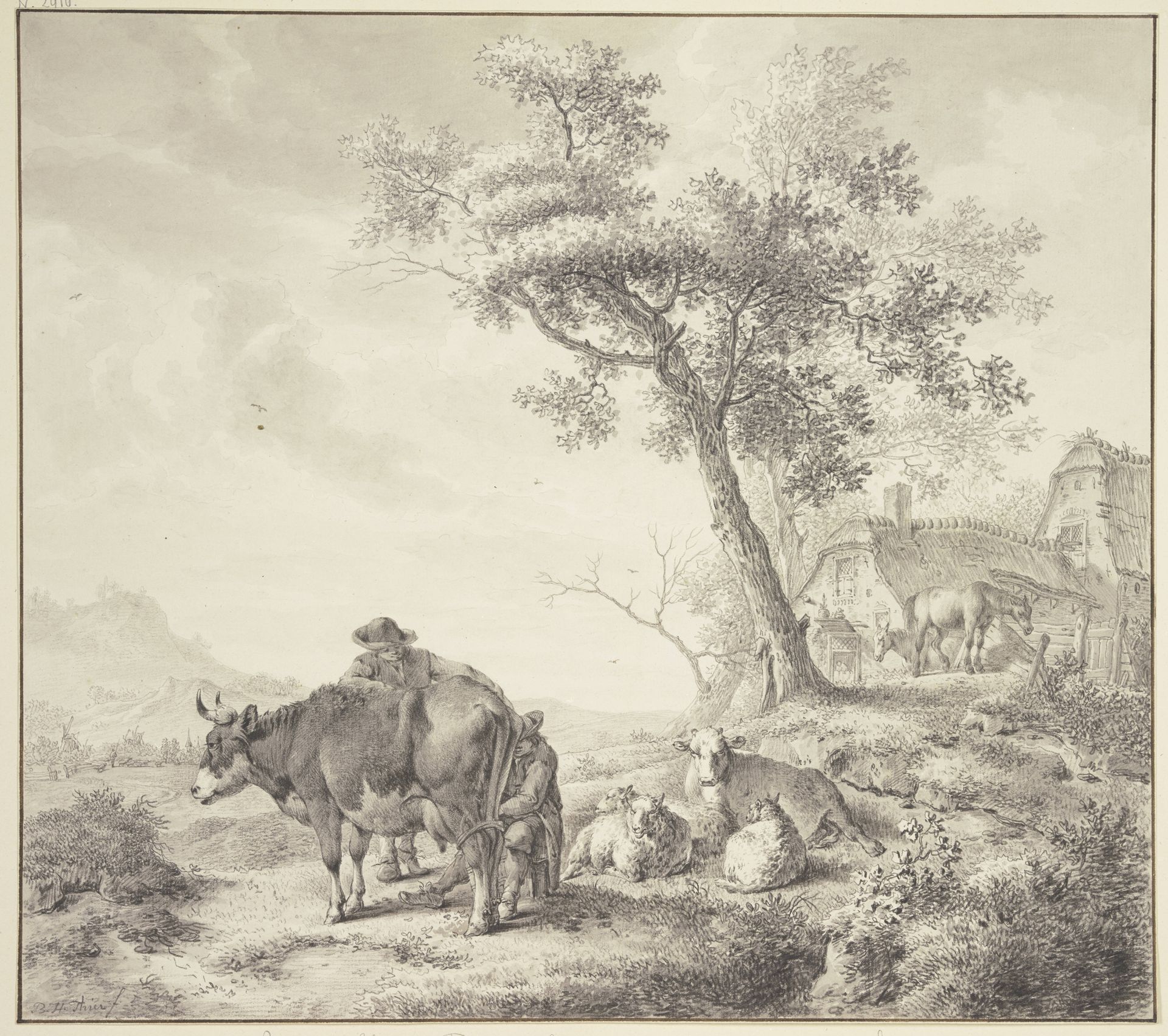 Ein Mann melkt eine Kuh, dabei einige Schafe, rechts zwei Pferde bei Häusern by Bernhard Heinrich Thier