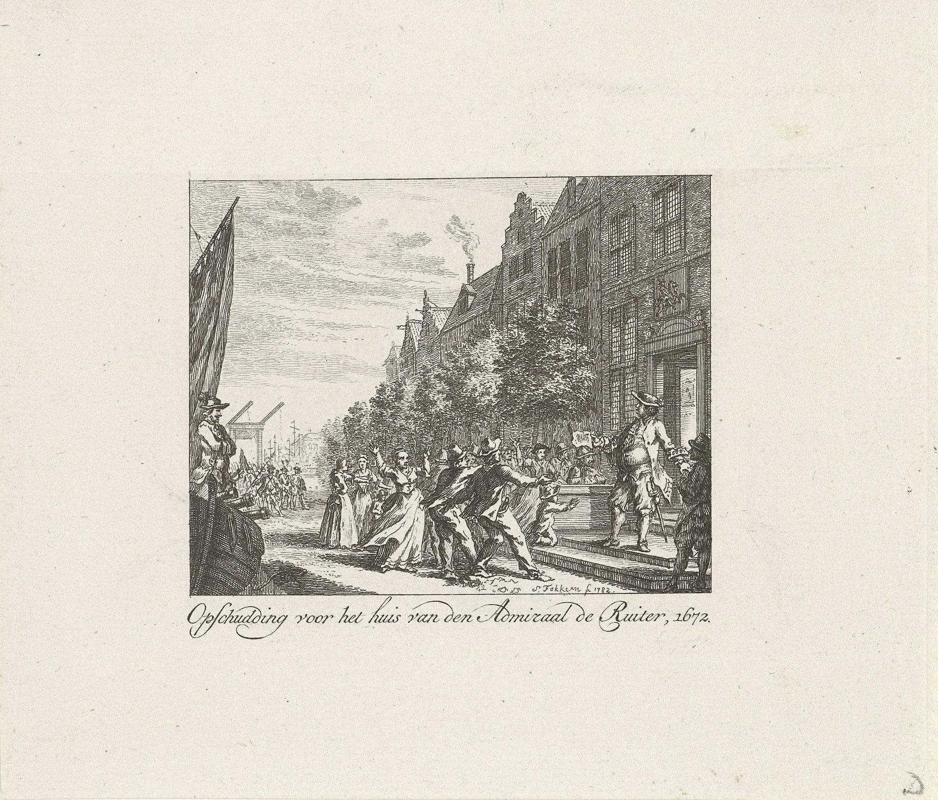 Opstootje voor het huis van admiraal De Ruyter, 1672 by Simon Fokke