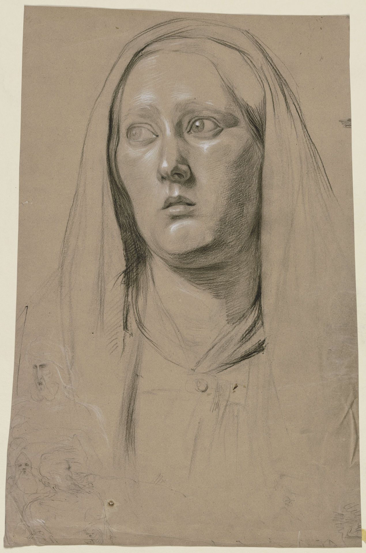 Kopf einer Frau in Vorderansicht, den bangen Blick nach links gerichtet by Victor Müller