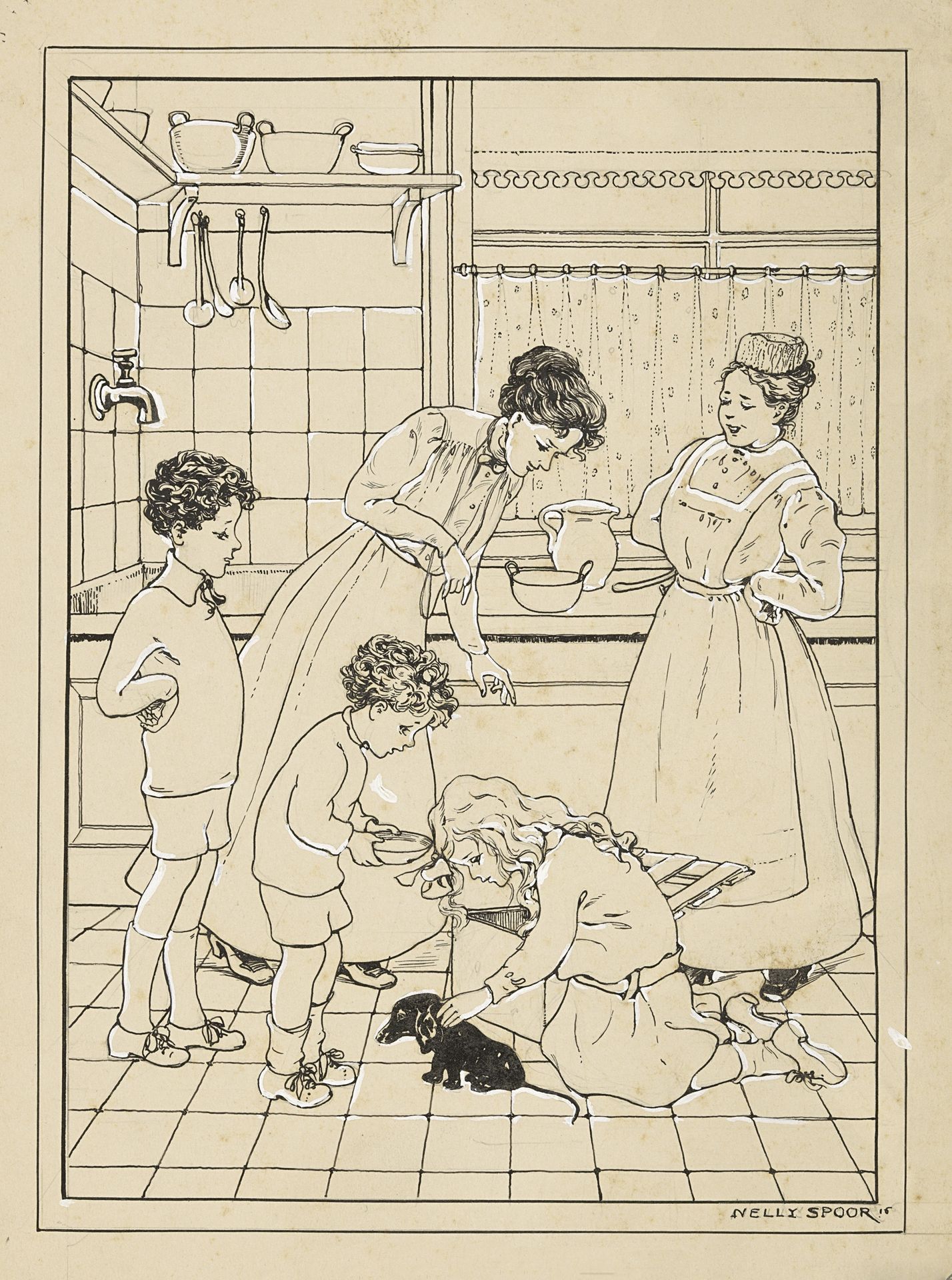 Vrouwen en kinderen met een puppy in een keuken by Nelly Spoor