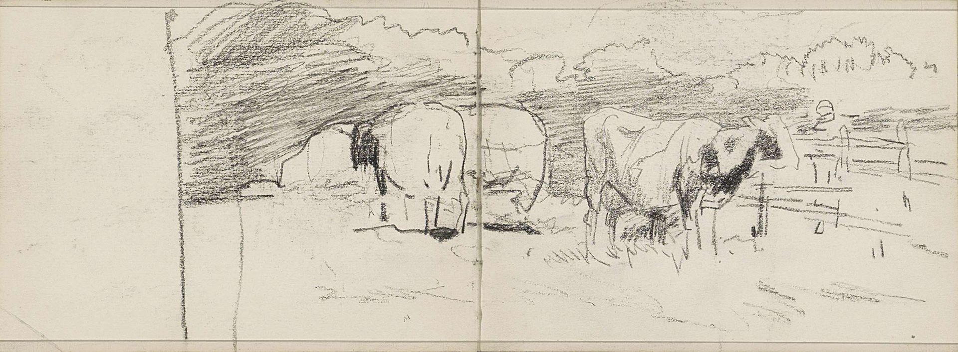 Koeien in een weiland bij een hek by Anton Mauve