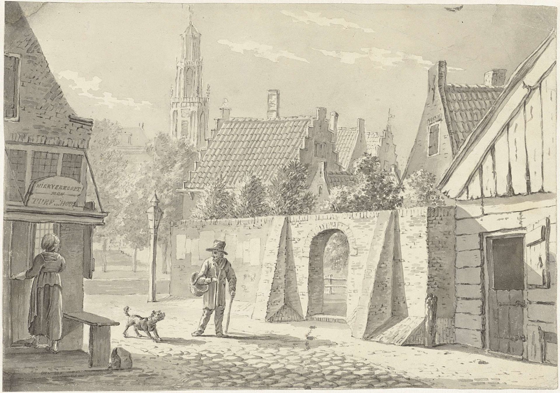 Straatje in Utrecht met de Domtoren in het verschiet by G.A. de Wildt
