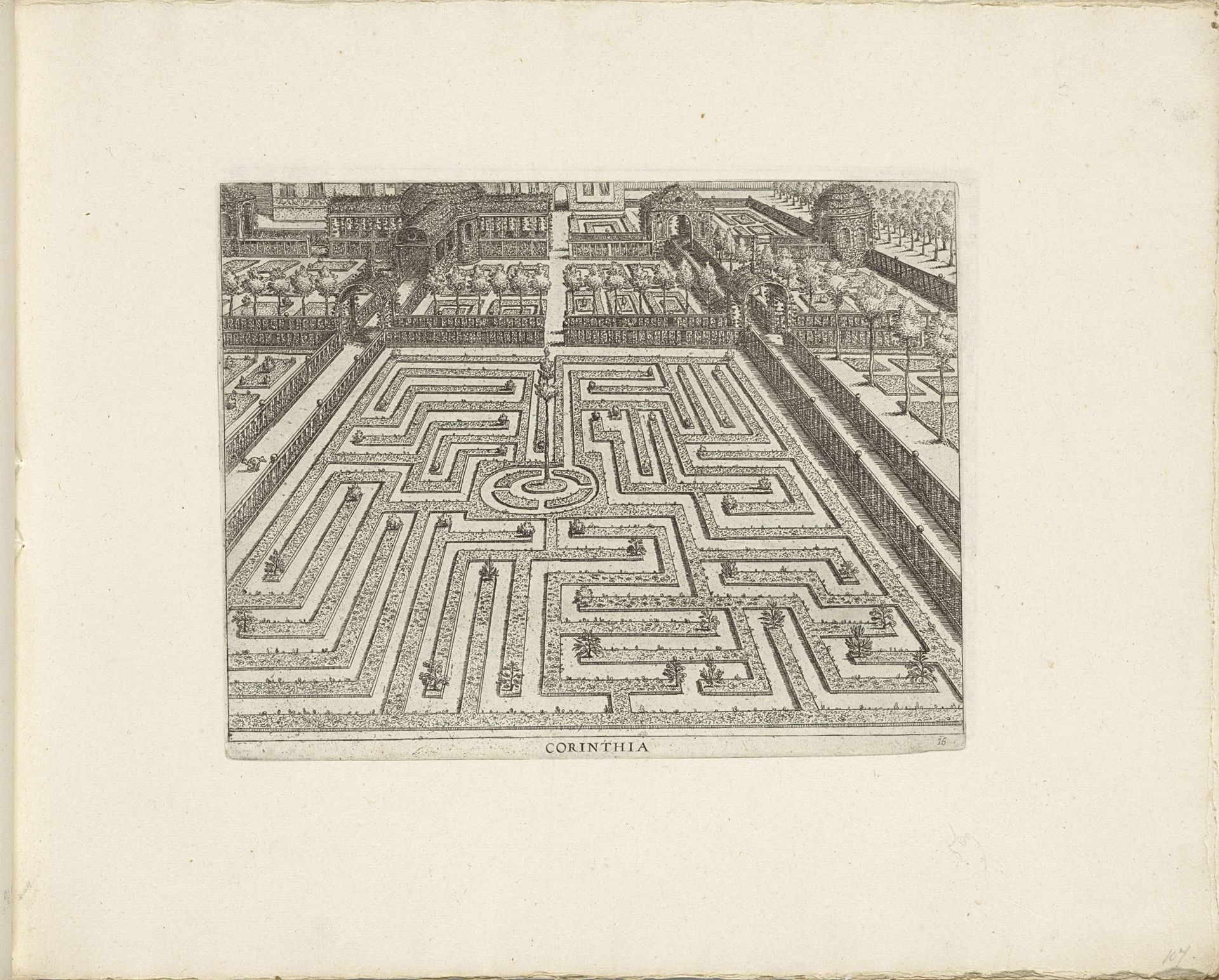 Tuin met een rechthoekige parterre met in het centrum een cirkelvormig compartiment met een boom by Anonymous