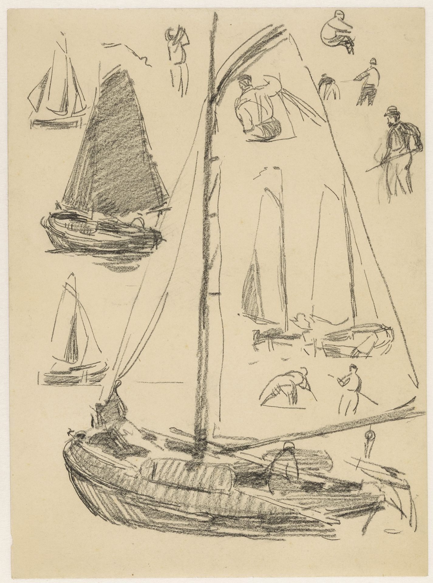 Studieblad met diverse zeilschepen en figuren by Willem Bastiaan Tholen