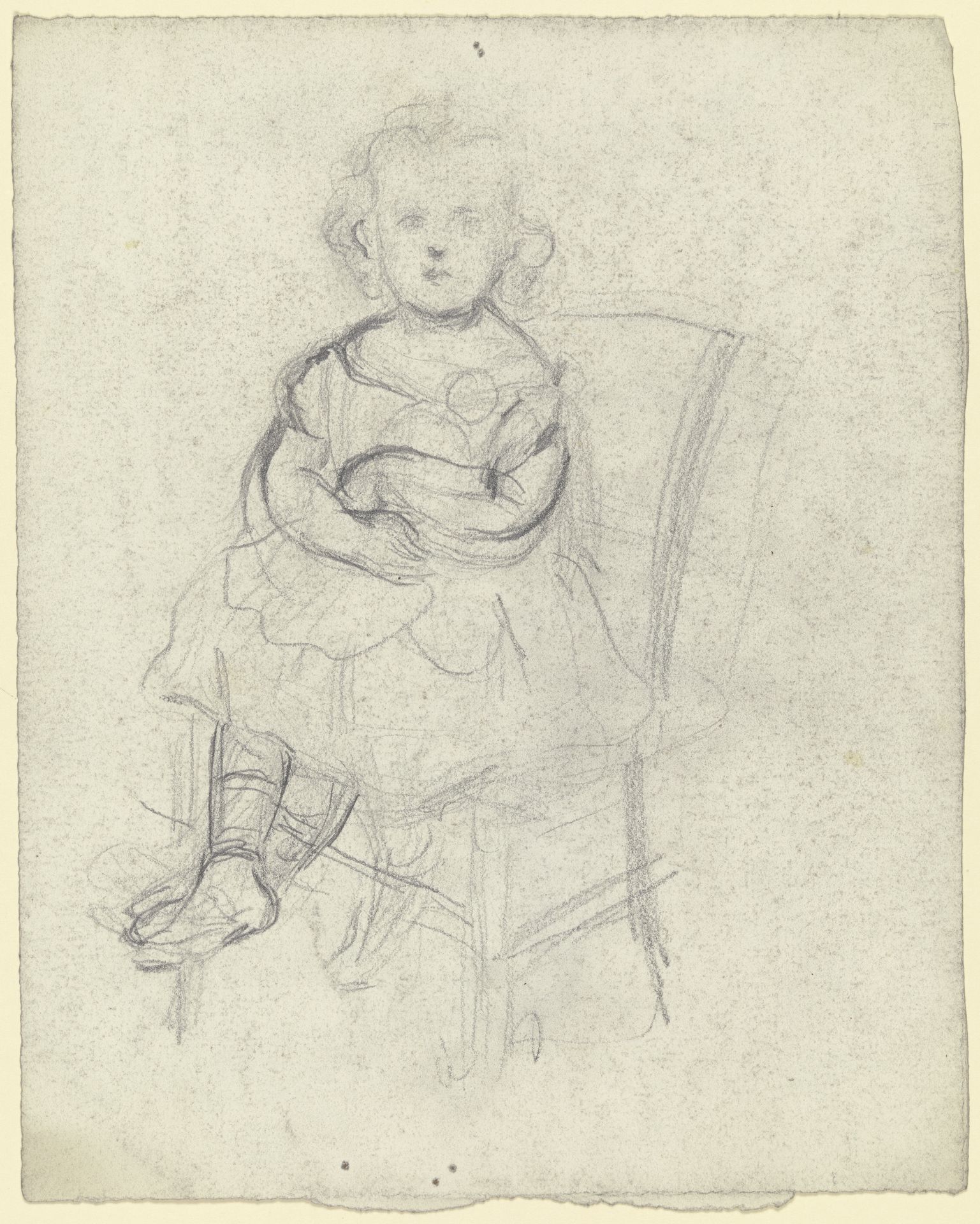 Mädchen mit Puppe auf einem Stuhl sitzend by Otto Scholderer