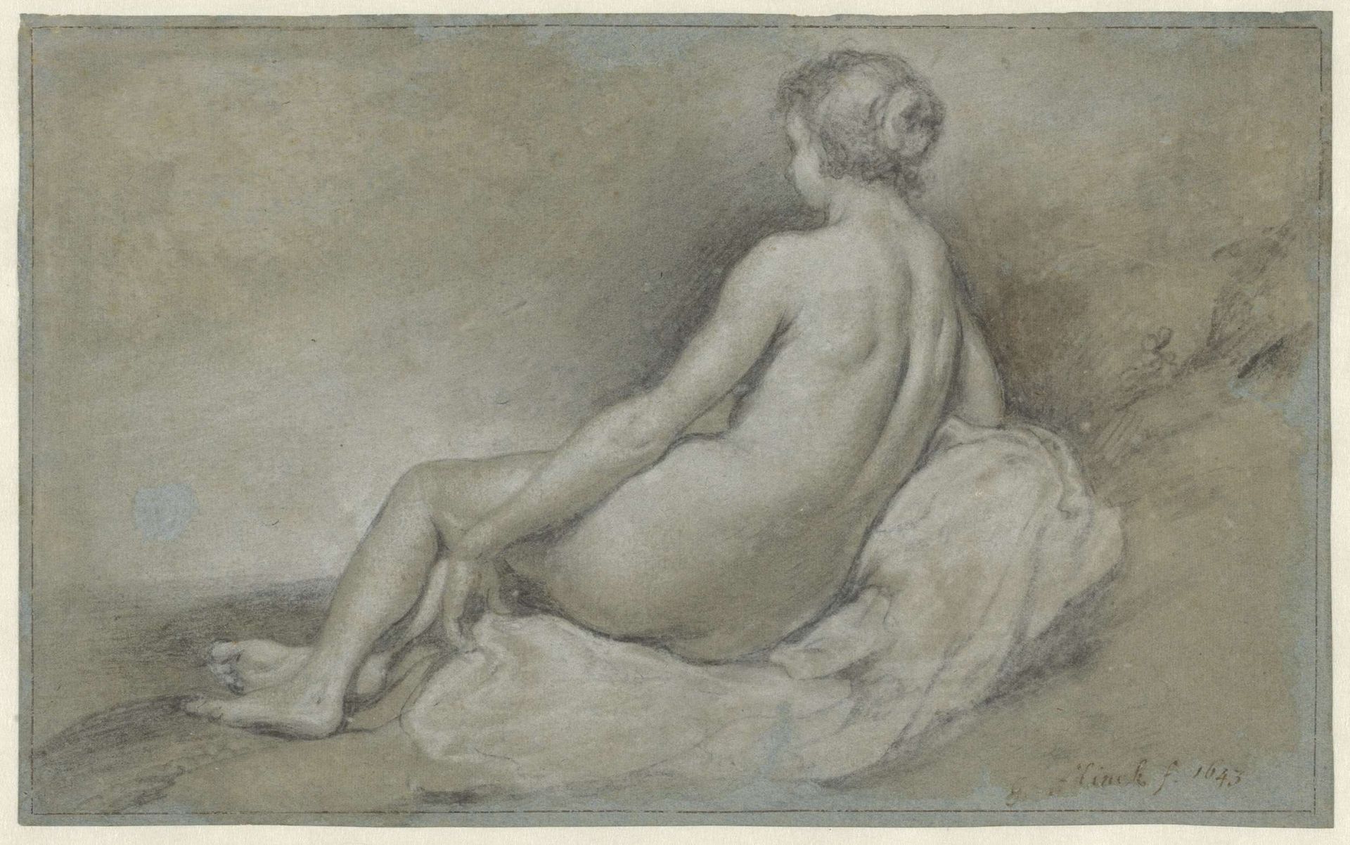 Zittend vrouwelijk naakt, op de rug gezien by Govert Flinck