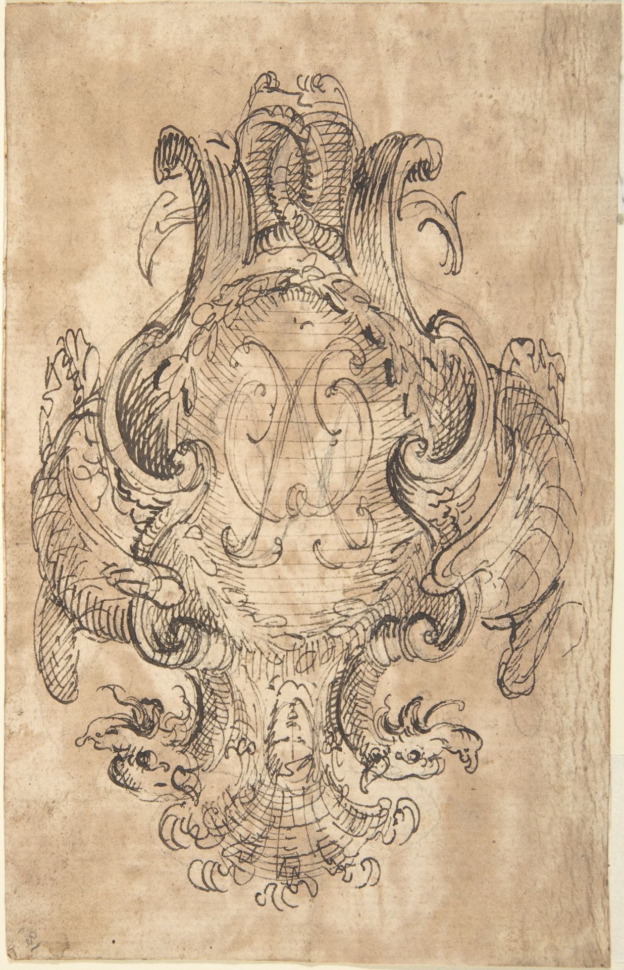 Design for a Coat of Arms with Two Dragons and Initials [?] in center (recto); Three Constructed Circles with Inscriptions (verso) by Anonymous