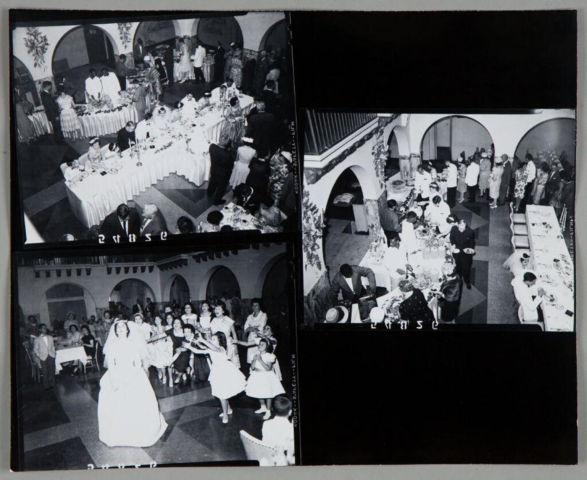 Untitled (three photographs: overhead view of wedding reception table with bride and groom in center; bride throwing bouquet to women at wedding reception; overhead view of wedding reception tables and serving line) by Martin Schweig