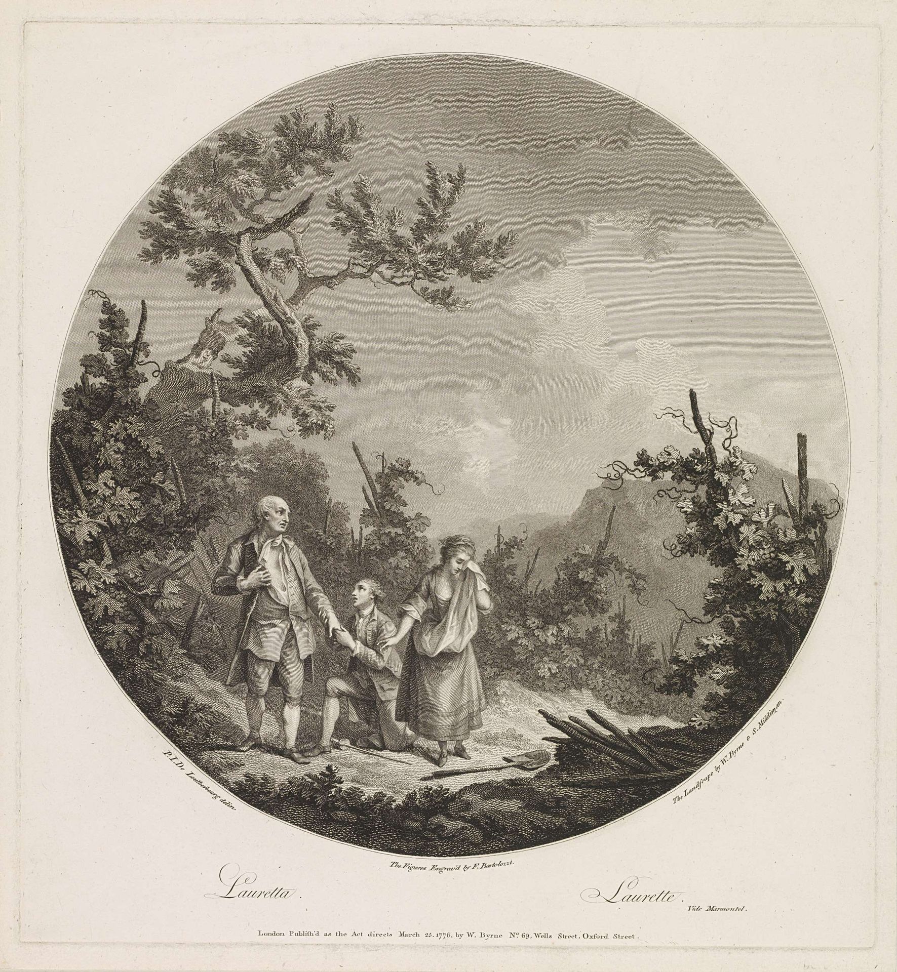 Drie figuren in een wijngaard by Francesco Bartolozzi