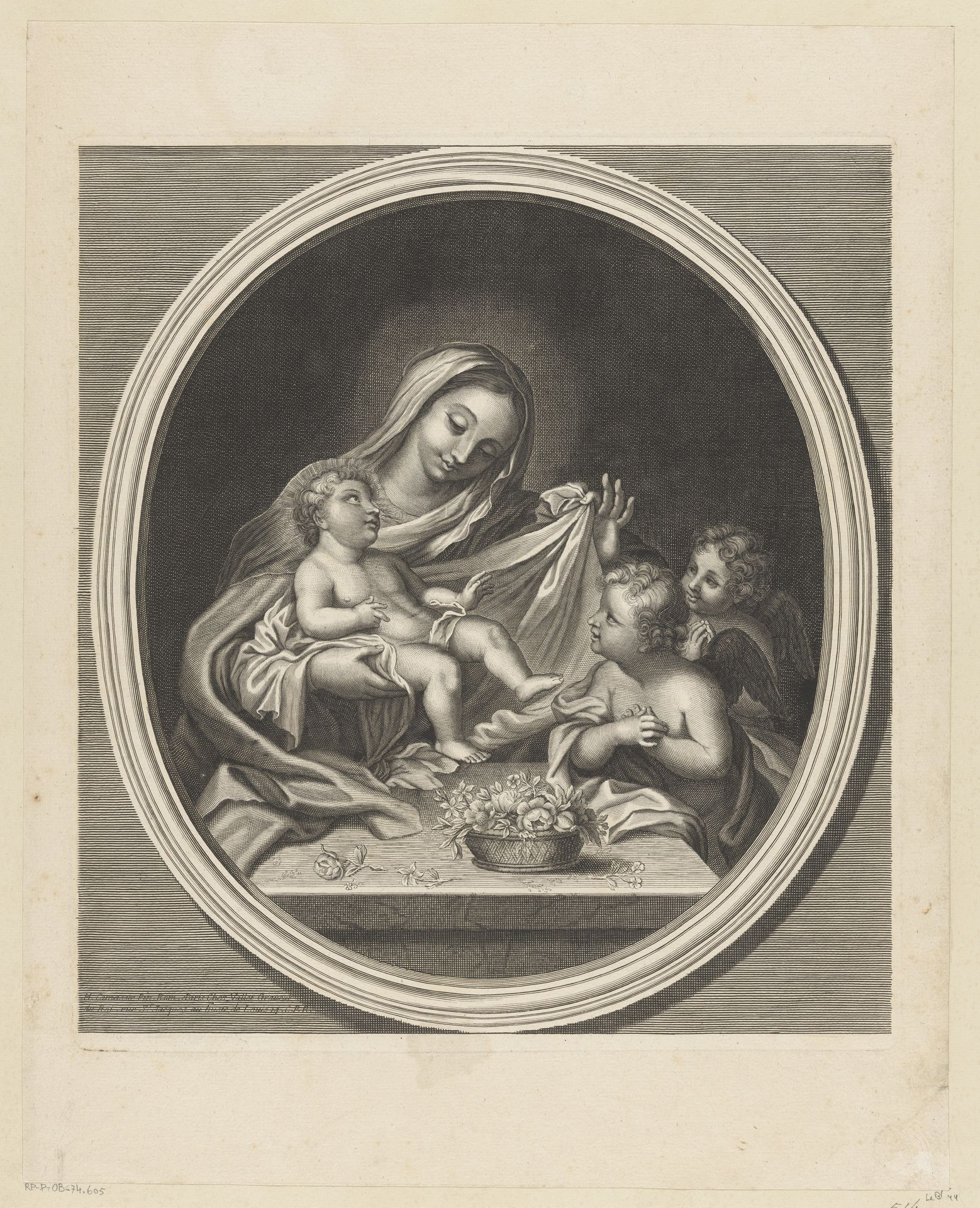 Maria met Kind en twee engelen achter een tafel met een mand met bloemen by Guillaume Vallet