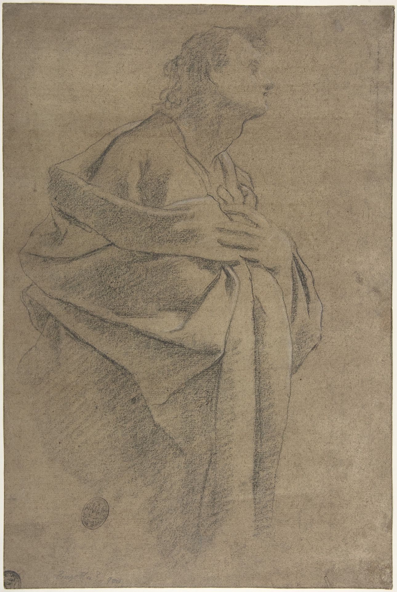 Saint Bartholomew (recto); Study of Drapery and Two Hands (verso) by Carlo Bononi (Bonone)