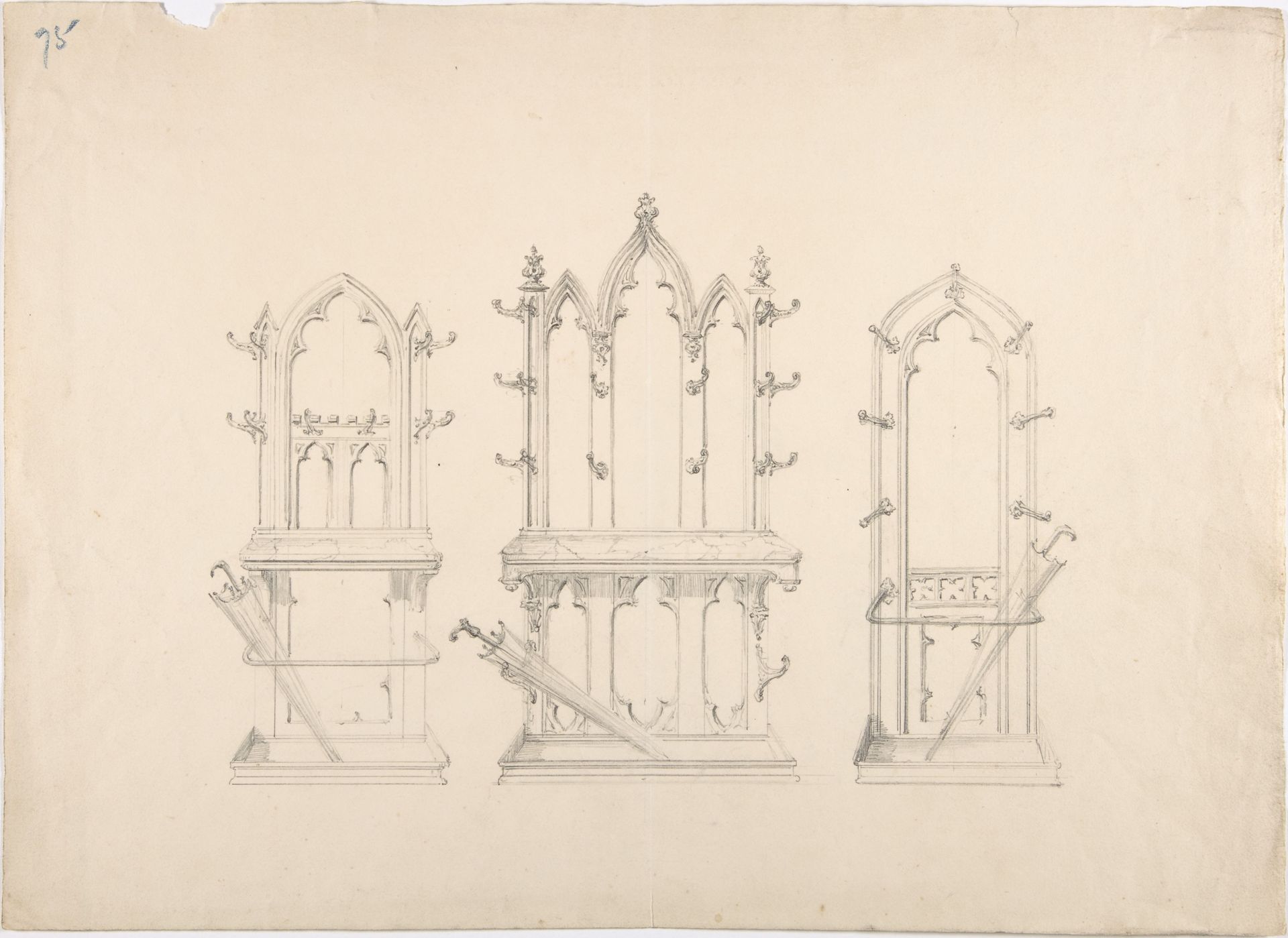 Design for Three Gothic Hat and Umbrella Stands by Anonymous