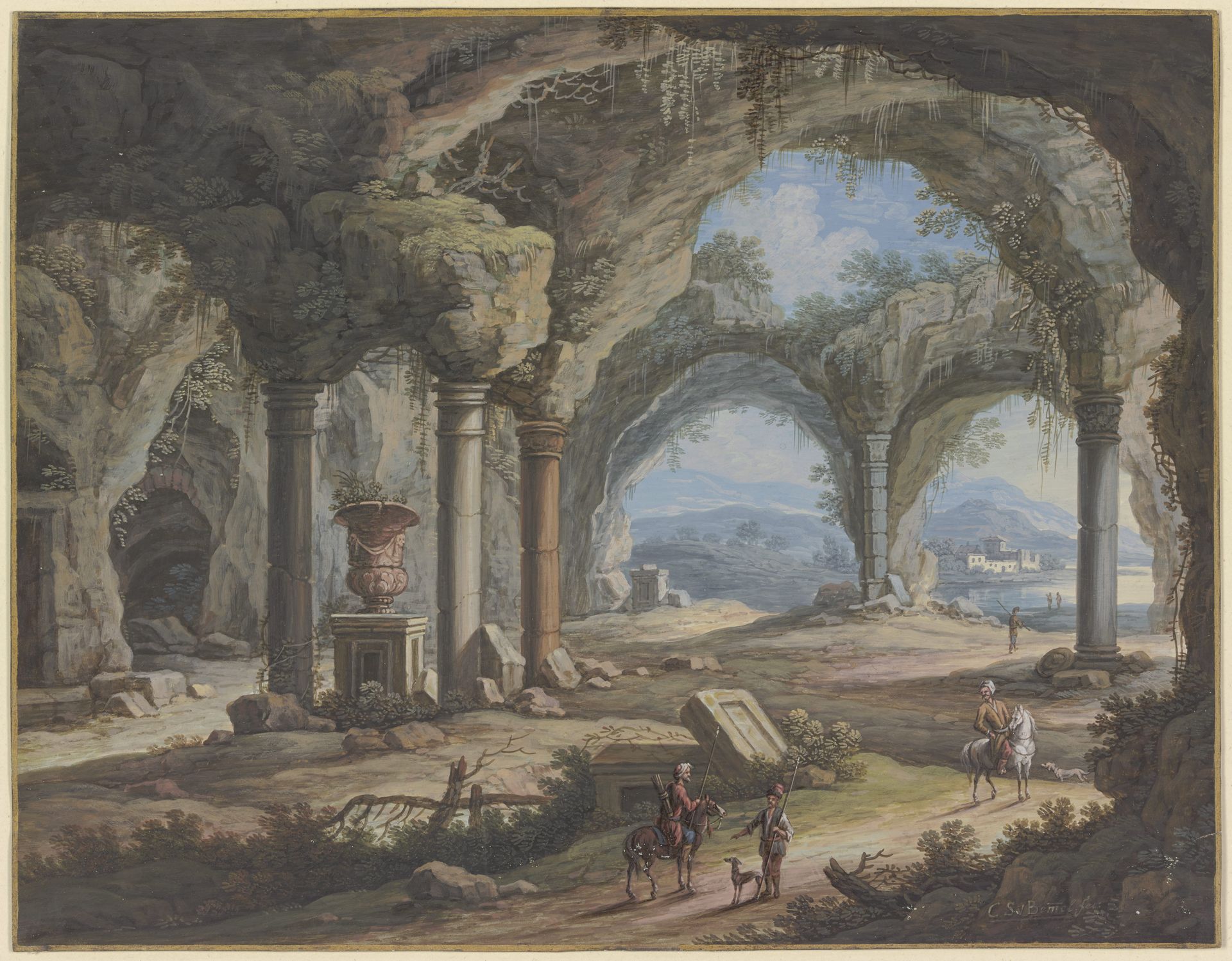 Inneres einer säulengestützten Grotte, darin eine große Vase by Carl Sebastian von Bemmel