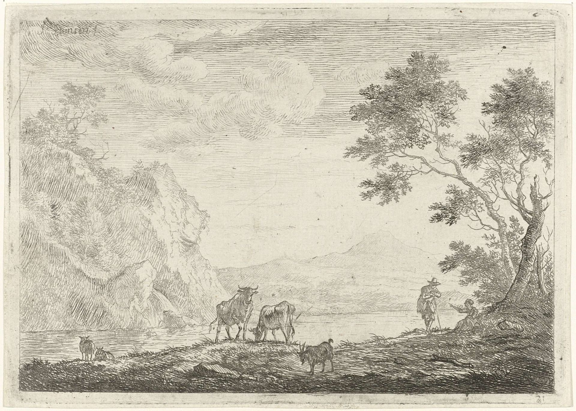 Bergachtig landschap met herder en vee by Johannes Janson