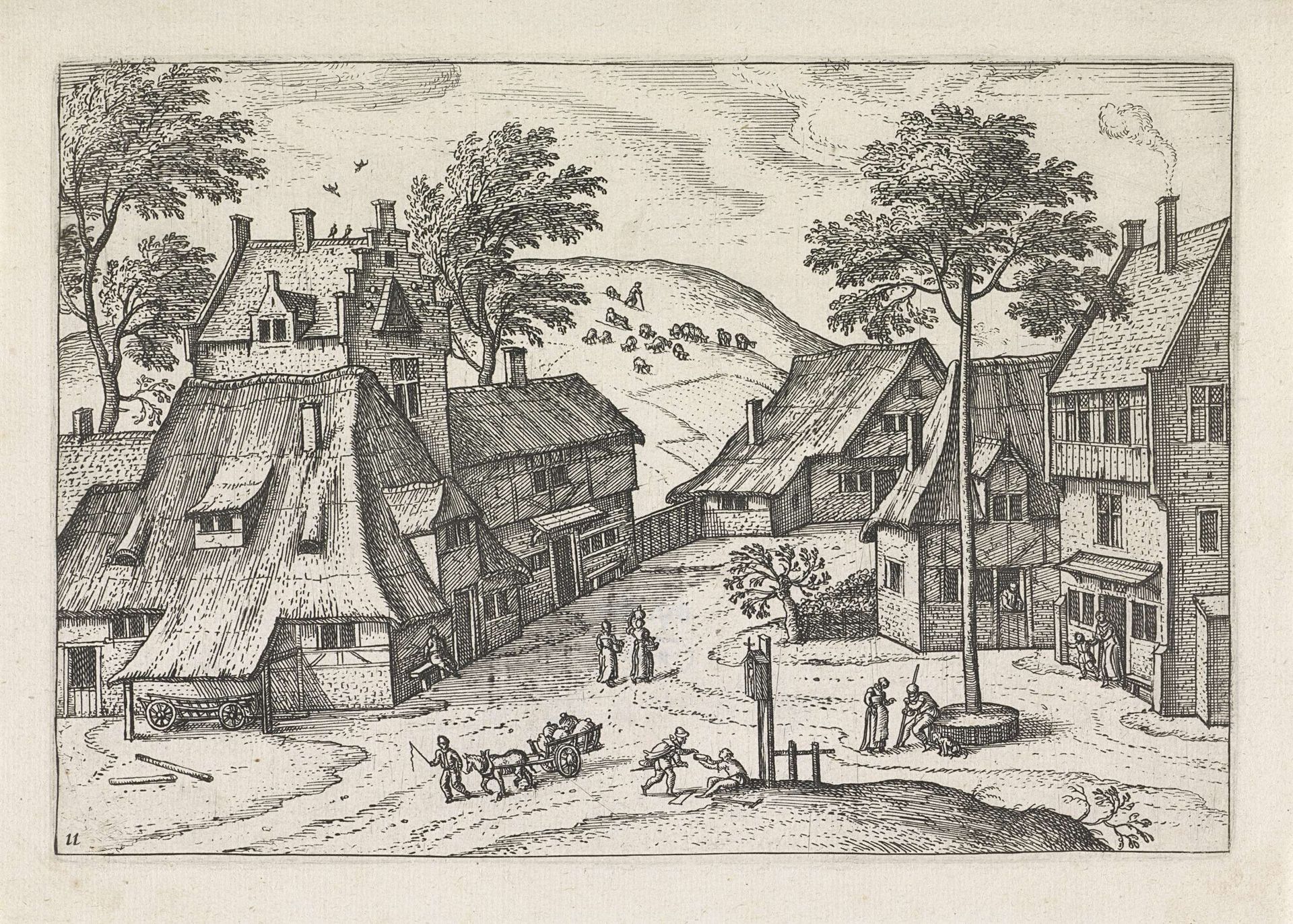 Gezicht op een dorpsplein met een bedelaar by Pieter van der (I) Borcht