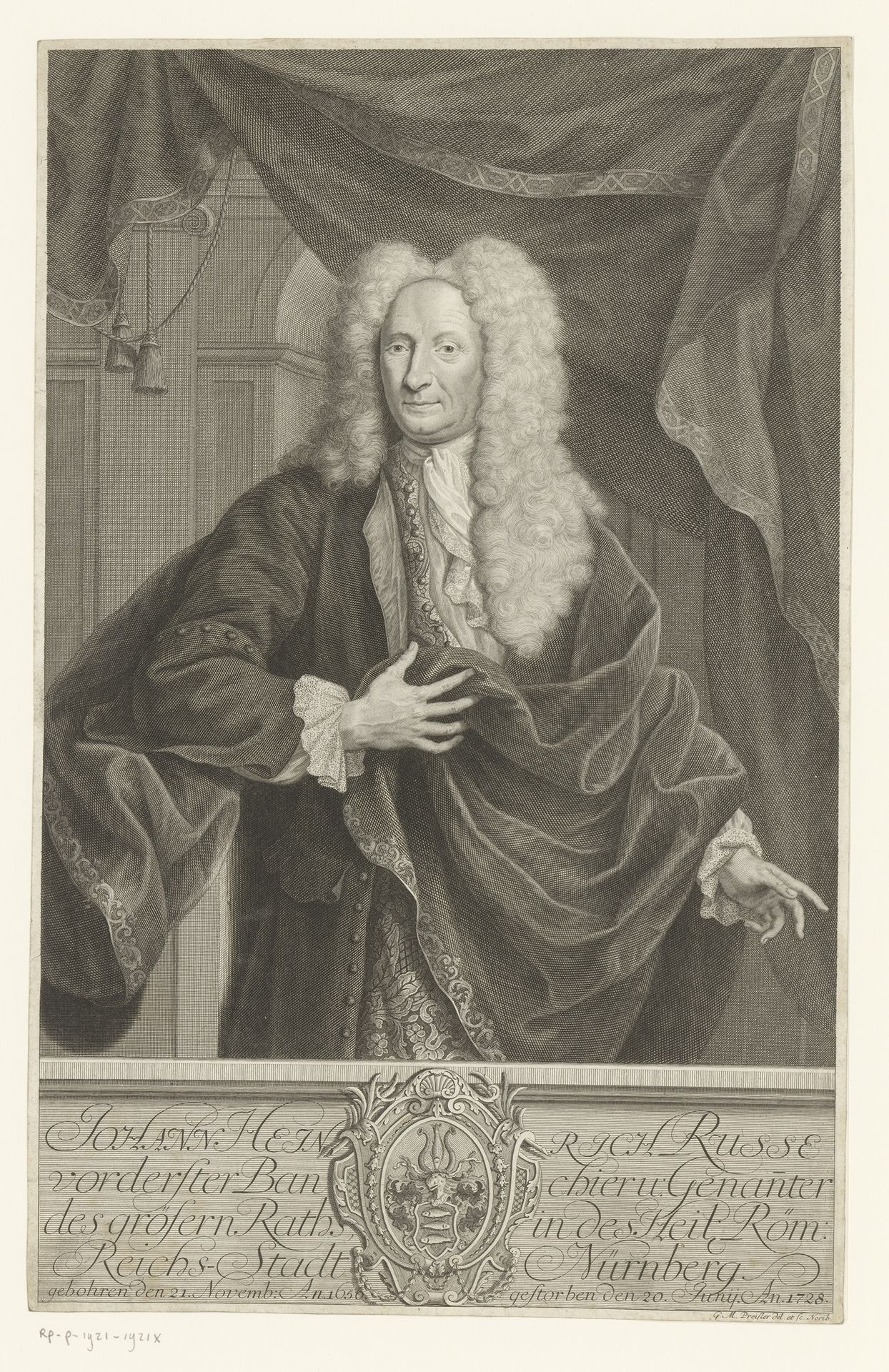 Portret van Johann Heinrich Russe by Georg Martin Preissler