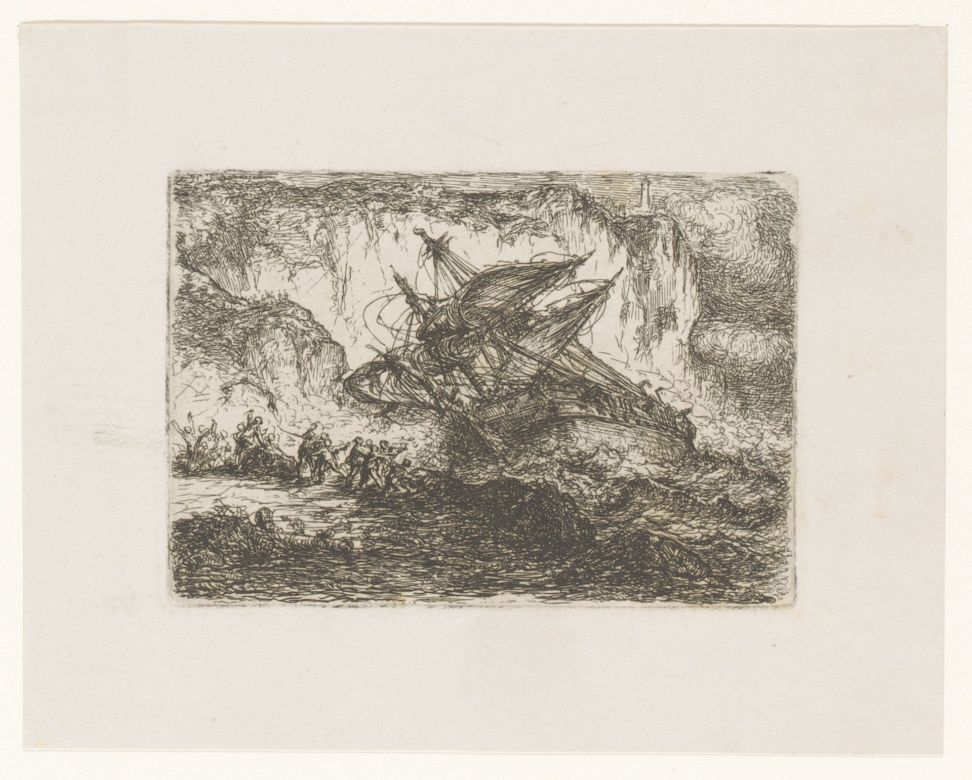 Driemaster slaat tegen de rotsen by Henri François Schaefels
