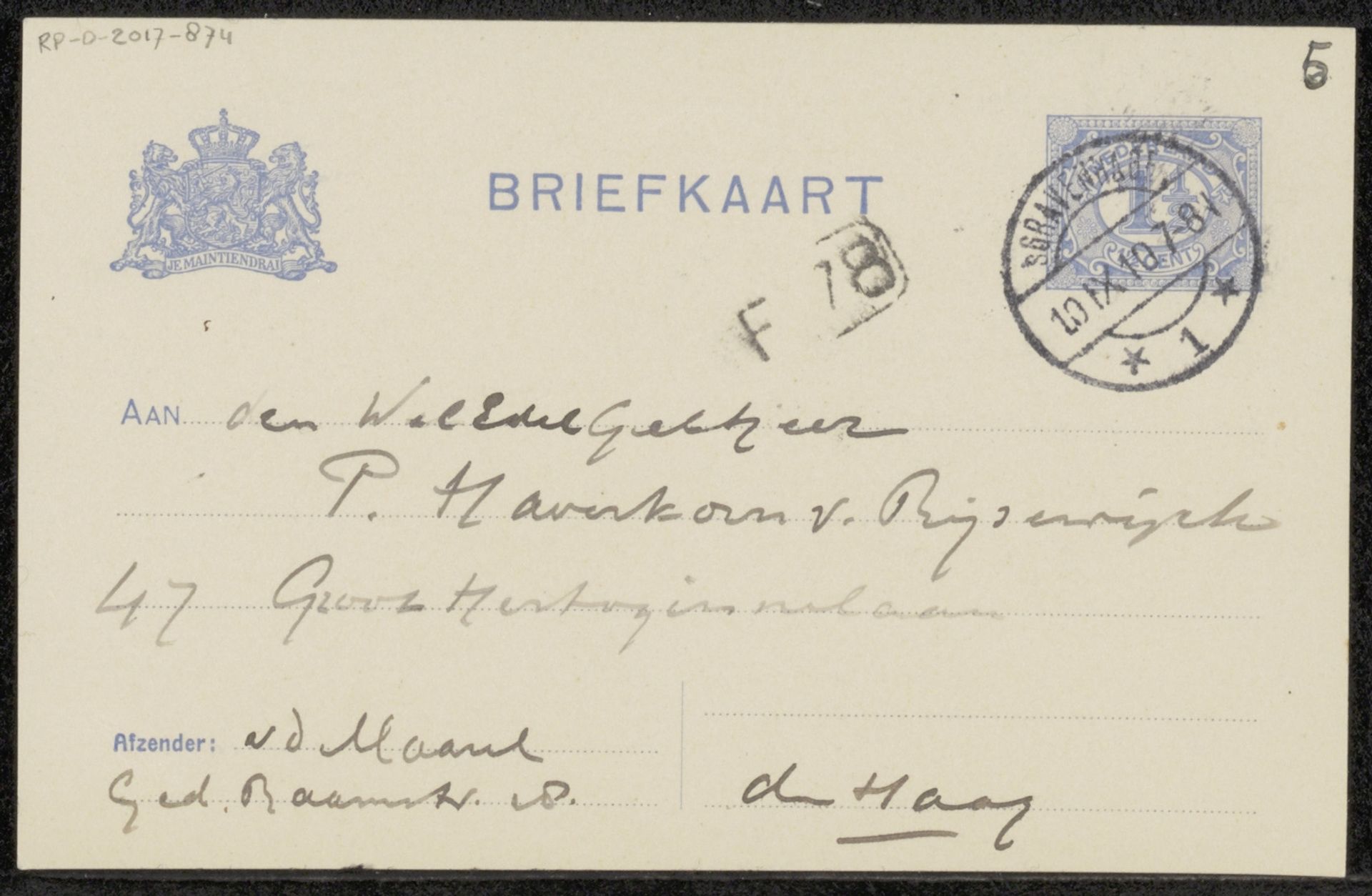 Briefkaart aan Pieter Haverkorn van Rijsewijk by Marinus van der Maarel