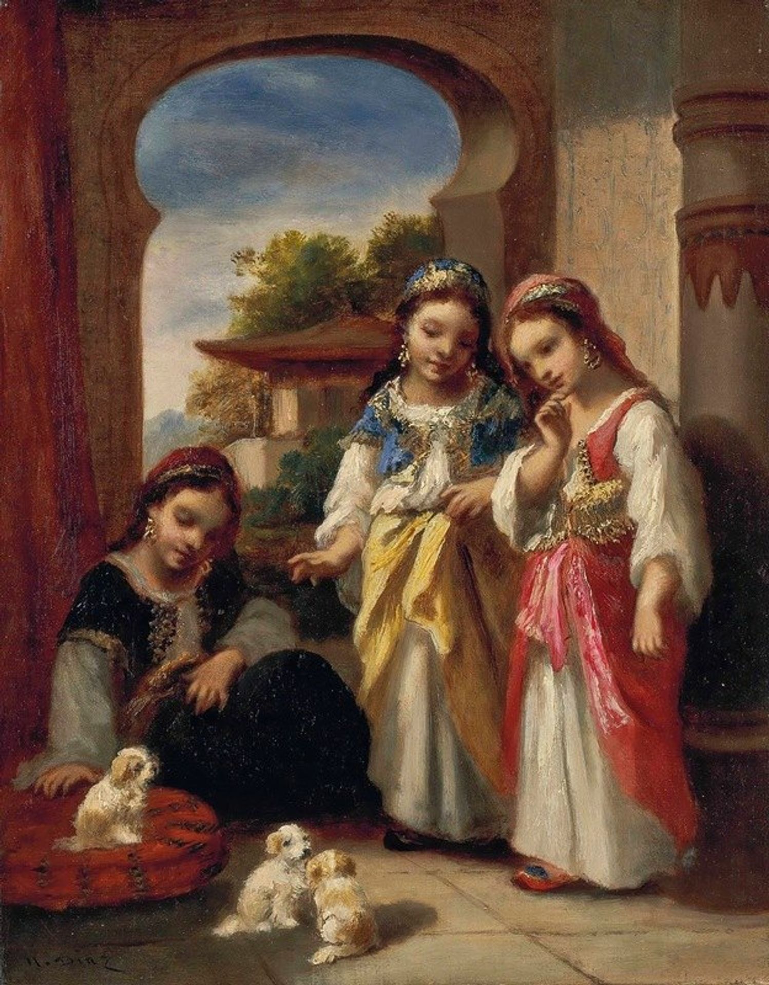 Trois fillettes et trois chiots en Turquie by Narcisse-Virgilio Diaz