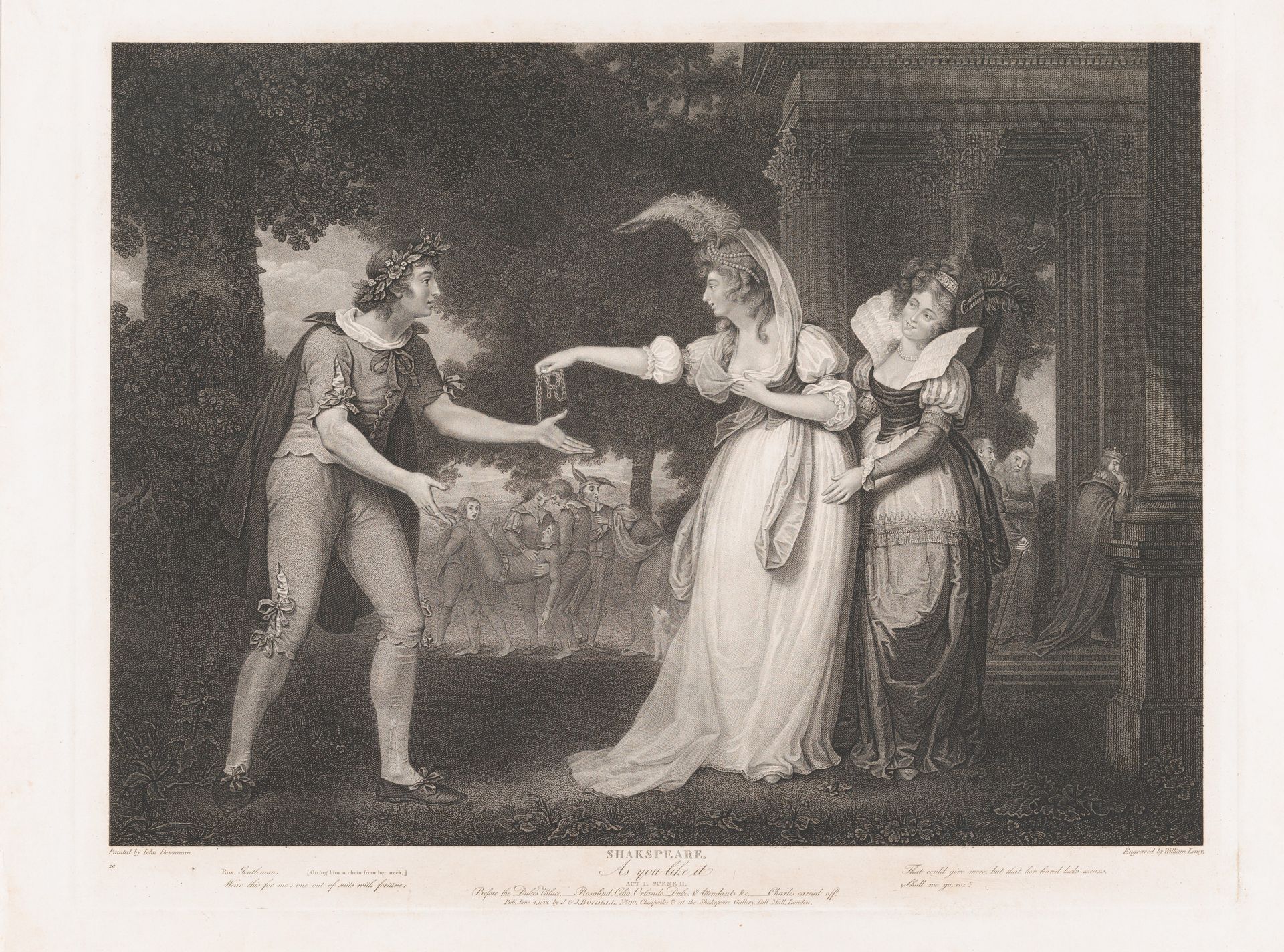 Before the Duke's Palace–Rosalind, Celia, Orlando, the Duke & Attendants (Shakespeare, As You Like It, Act 1, Scene 2) by William Satchwell Leney