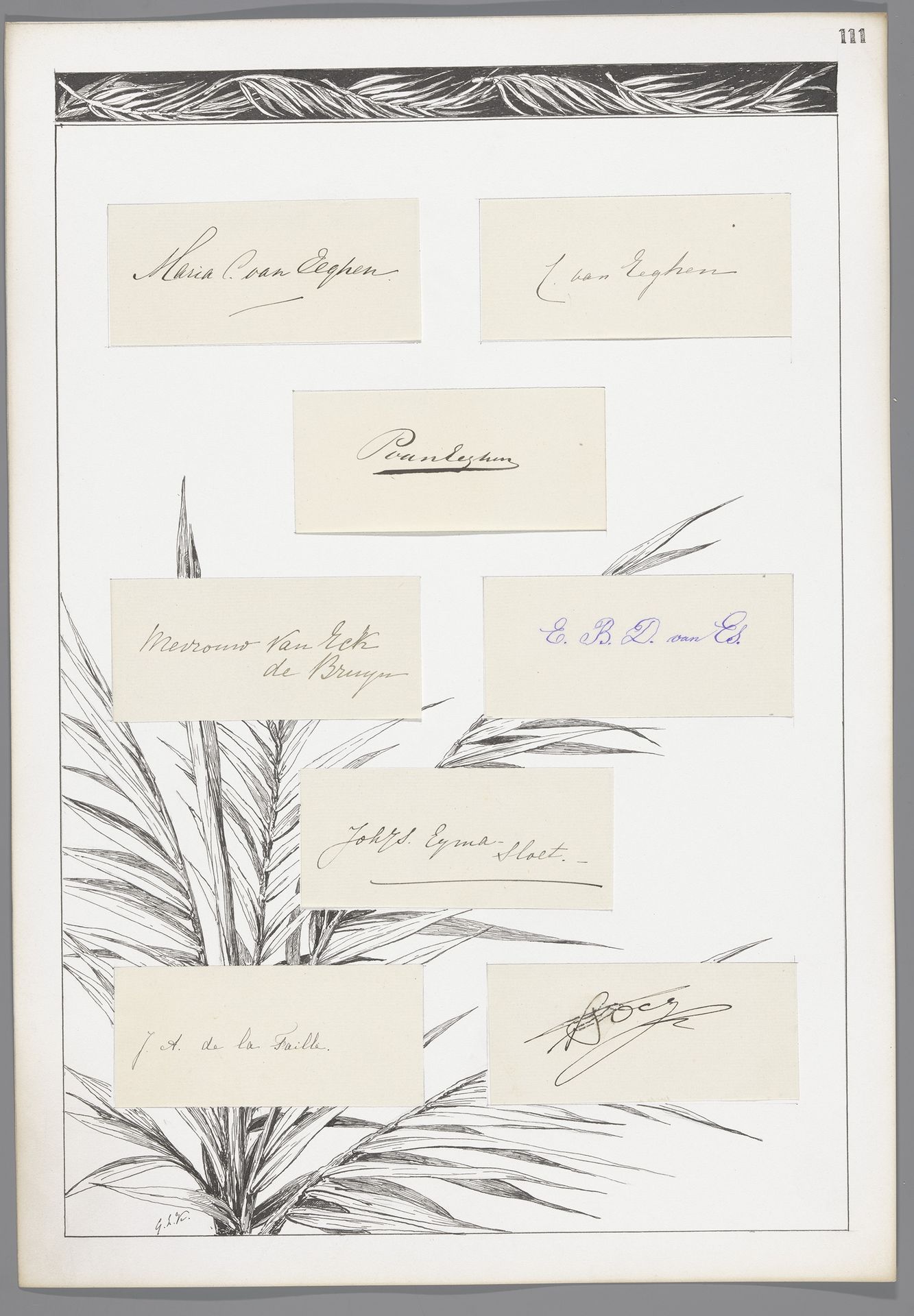 Acht handtekeningen geplakt op een blad met palmbladeren en decoratieve rand by George Lourens Kiers
