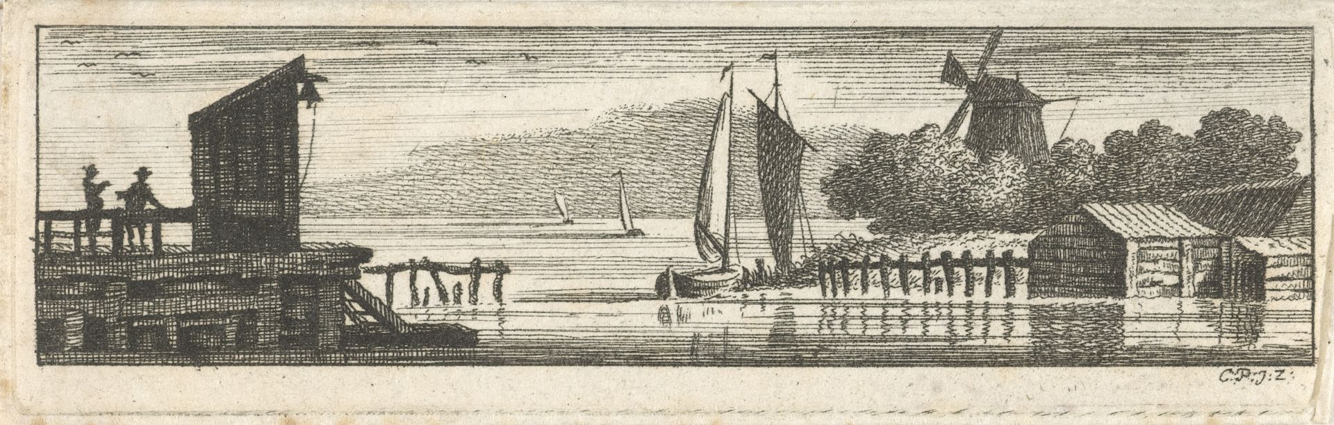 Rivierlandschap met gezicht op pier en molen by Caspar Jacobsz. Philips