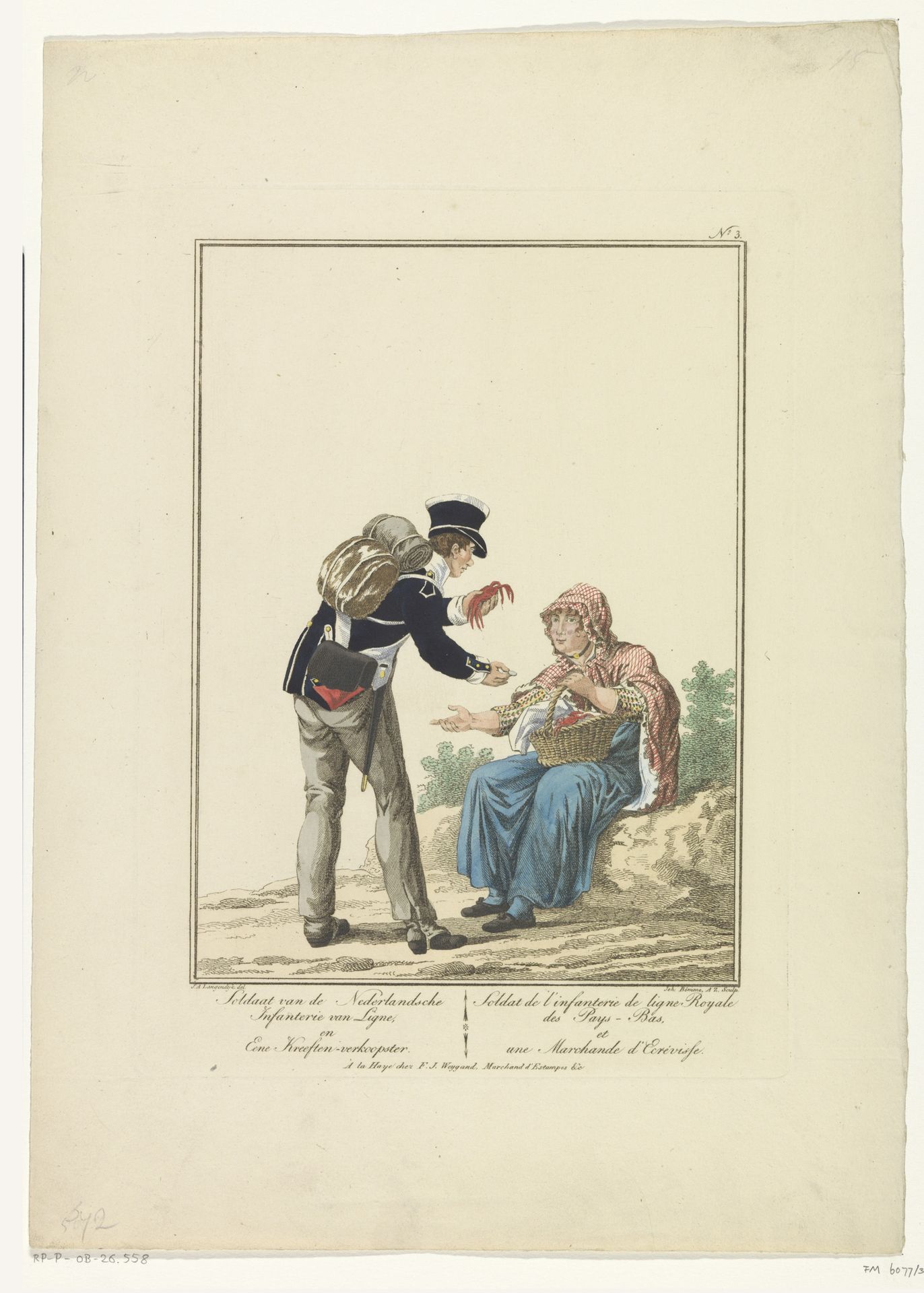 Staande soldaat met kreeftenverkoopster by Joannes Bemme