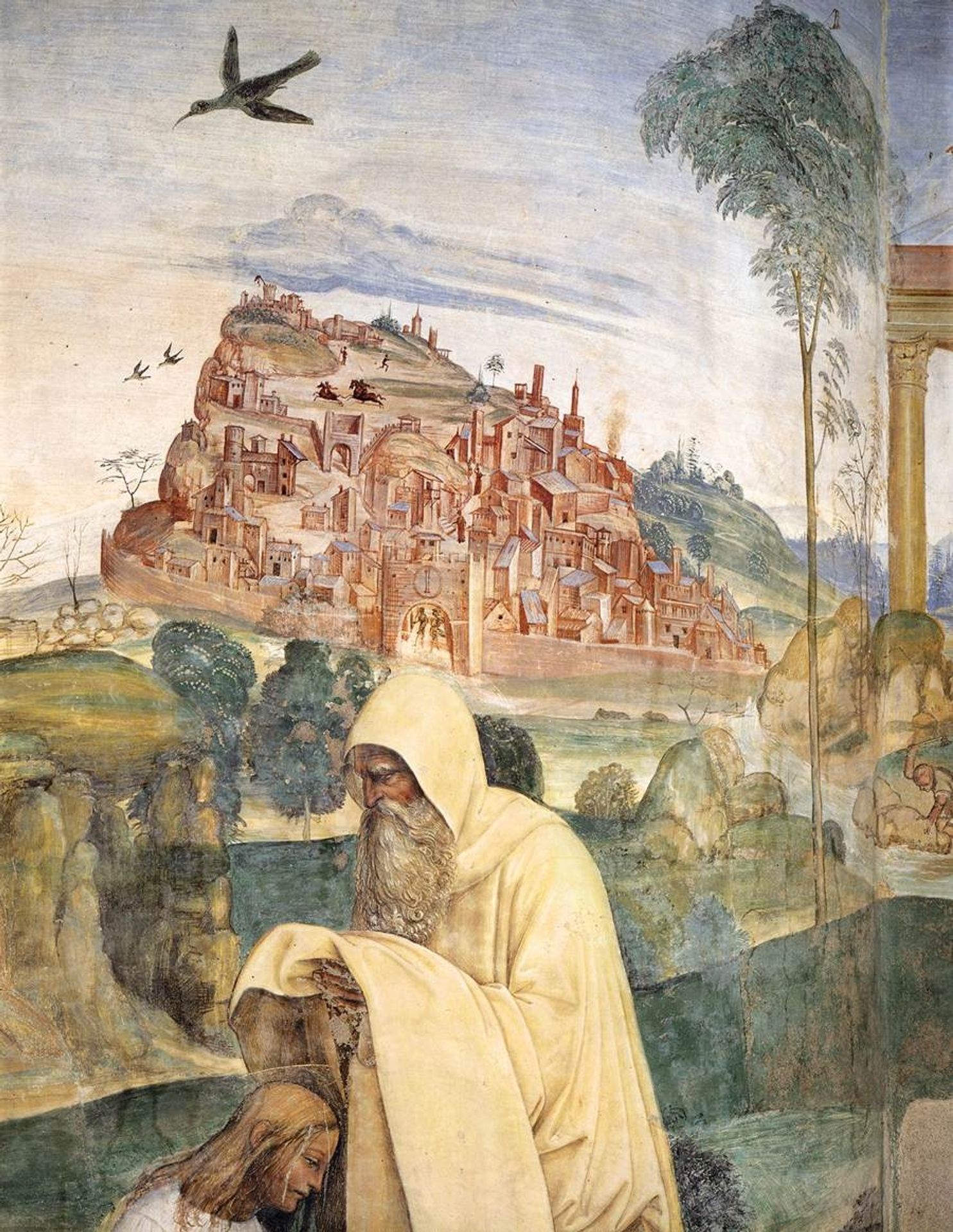 Life of St Benedict, Scene 4.The Monk Romanus Dresses Benedict (detail) by Il Sodoma