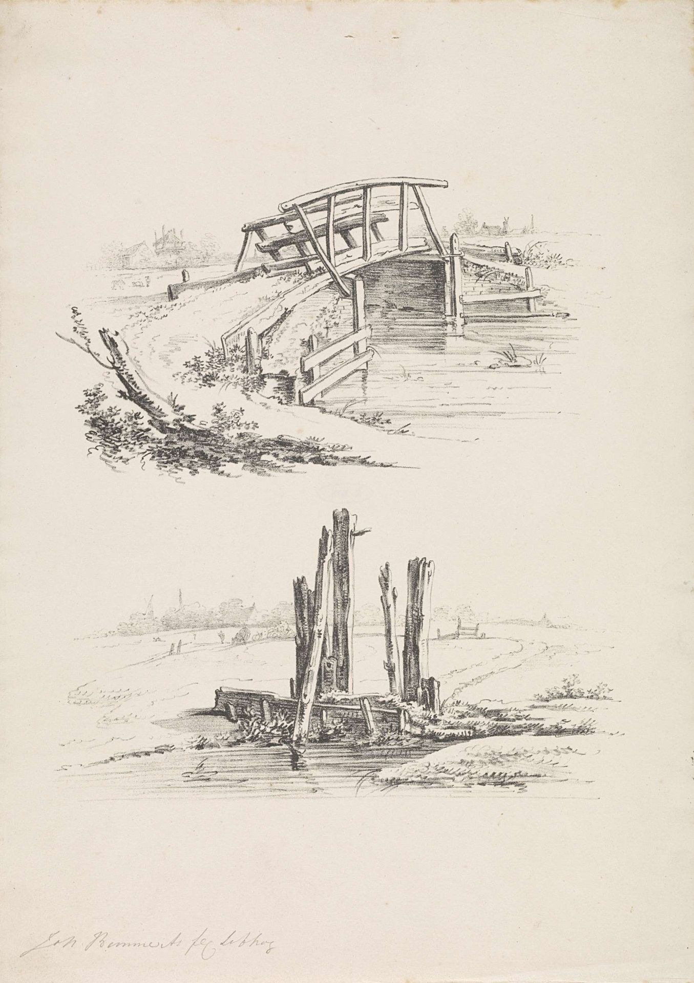 Twee voorstellingen van een vlonder en een sluis by Joannes Bemme