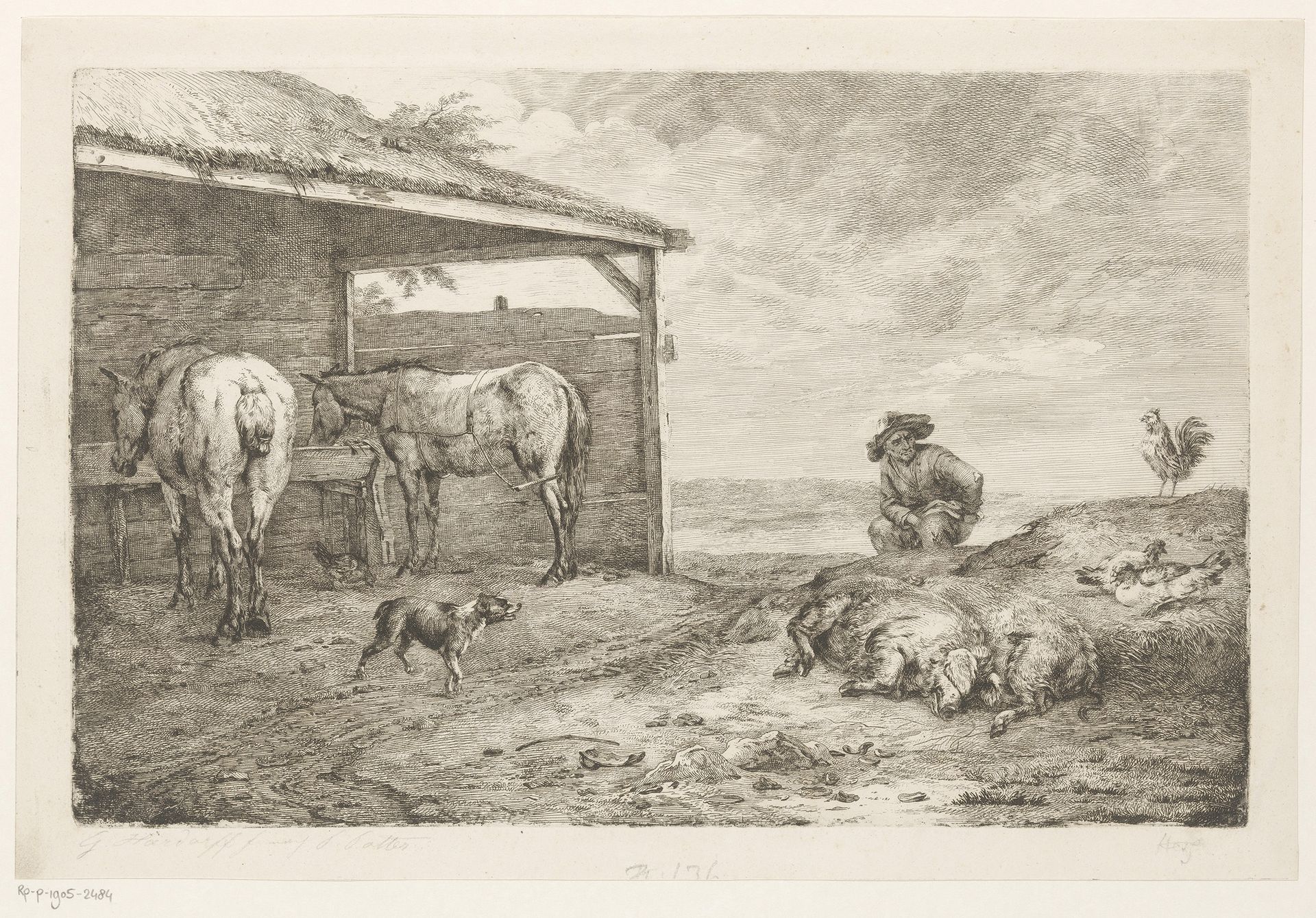 Zwijnen en man bij een paardenstal by Gerdt Hardorff