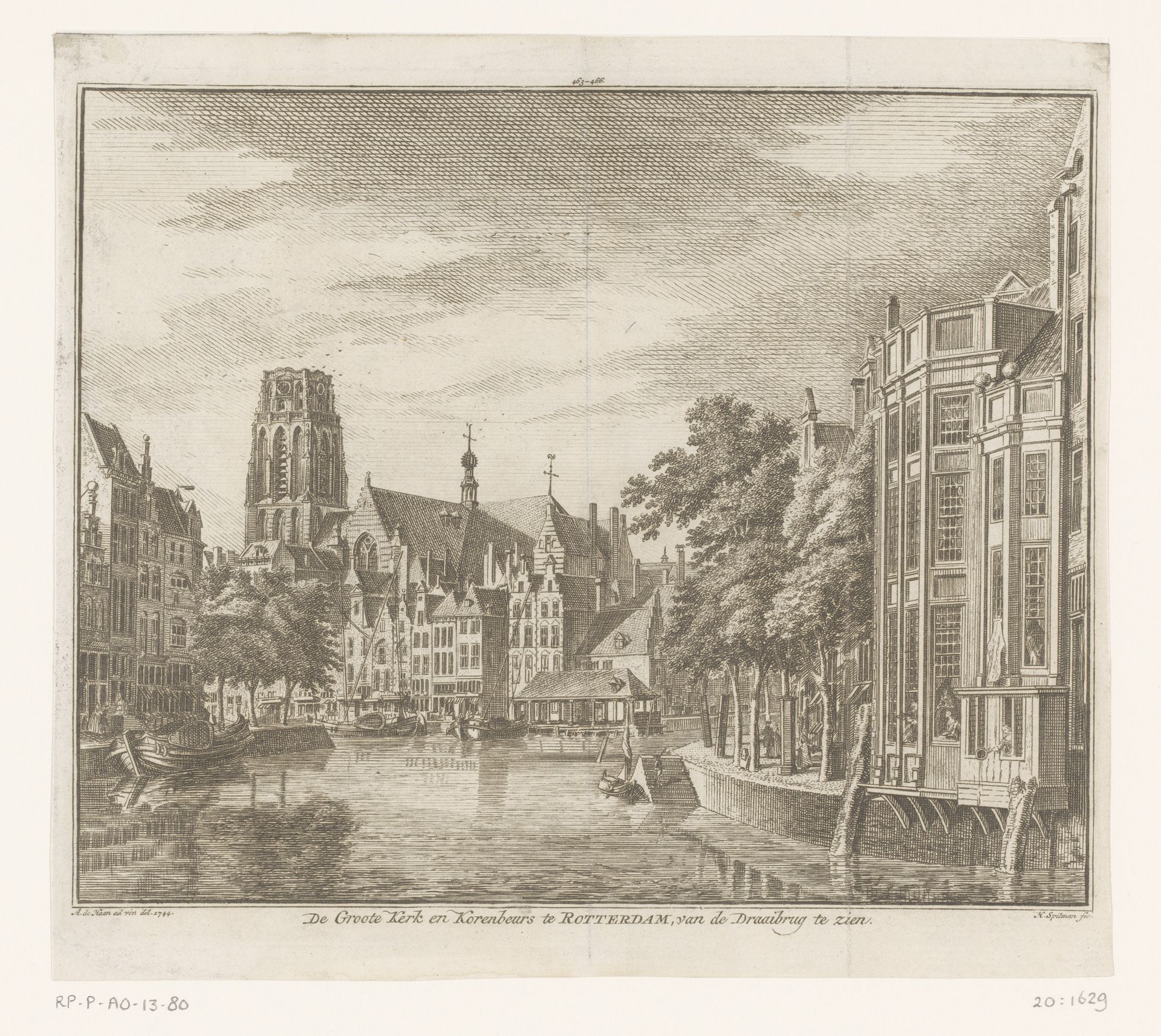 Gezicht op de Grote of Sint-Laurenskerk en de Korenbeurs te Rotterdam, 1744 by Hendrik Spilman