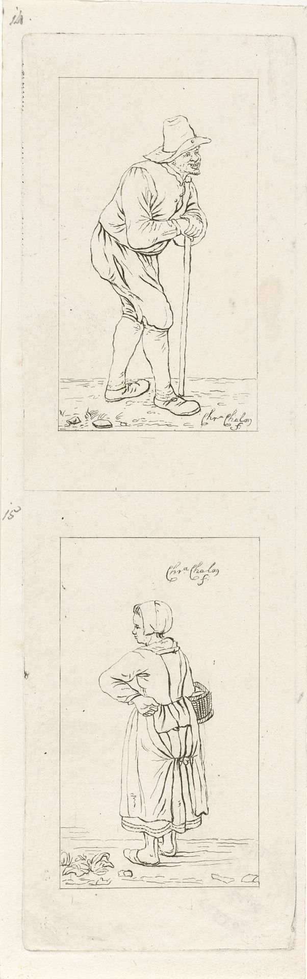 Man leunend op stok en vrouw met mand by Pieter de Mare