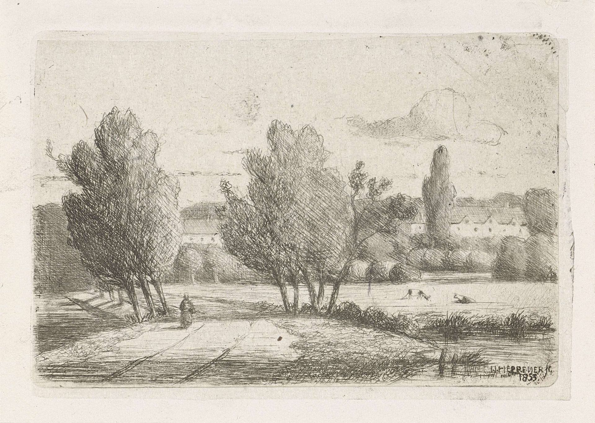 Landschap met een figuur op een weg by Jan Heppener