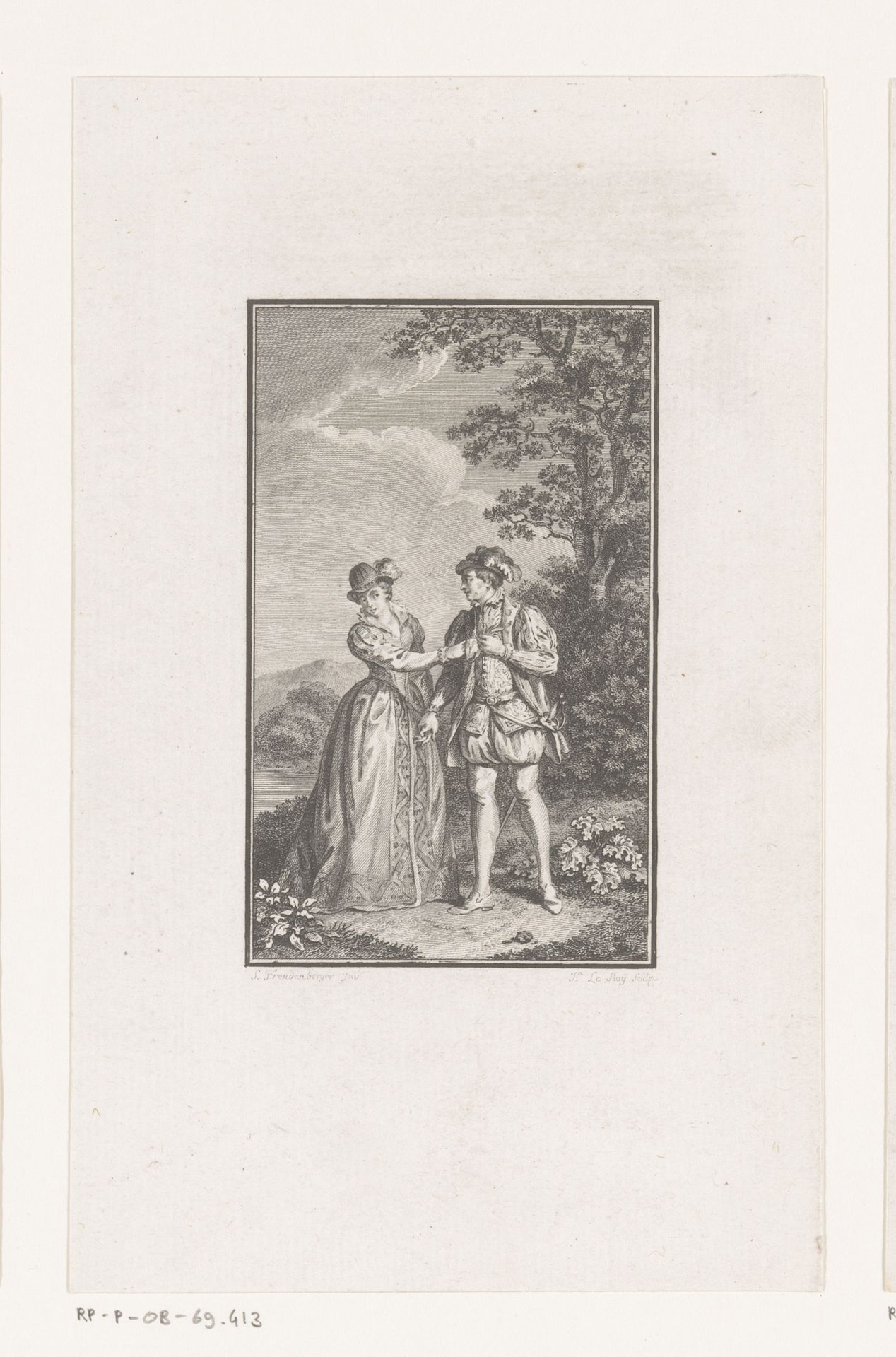 Landschap met een man die de handschoen van een vrouw uittrekt by Jacques Le Roy
