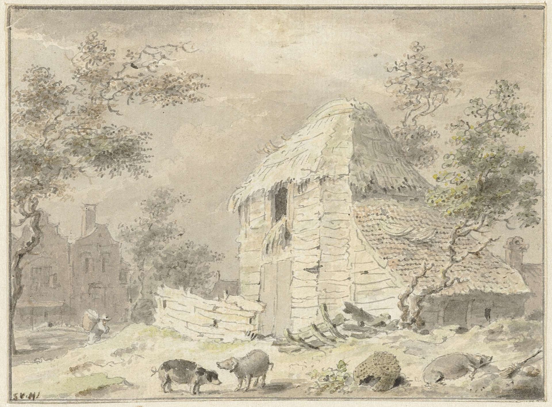 Boerenschuur met enige varkens by Samuel van Huls