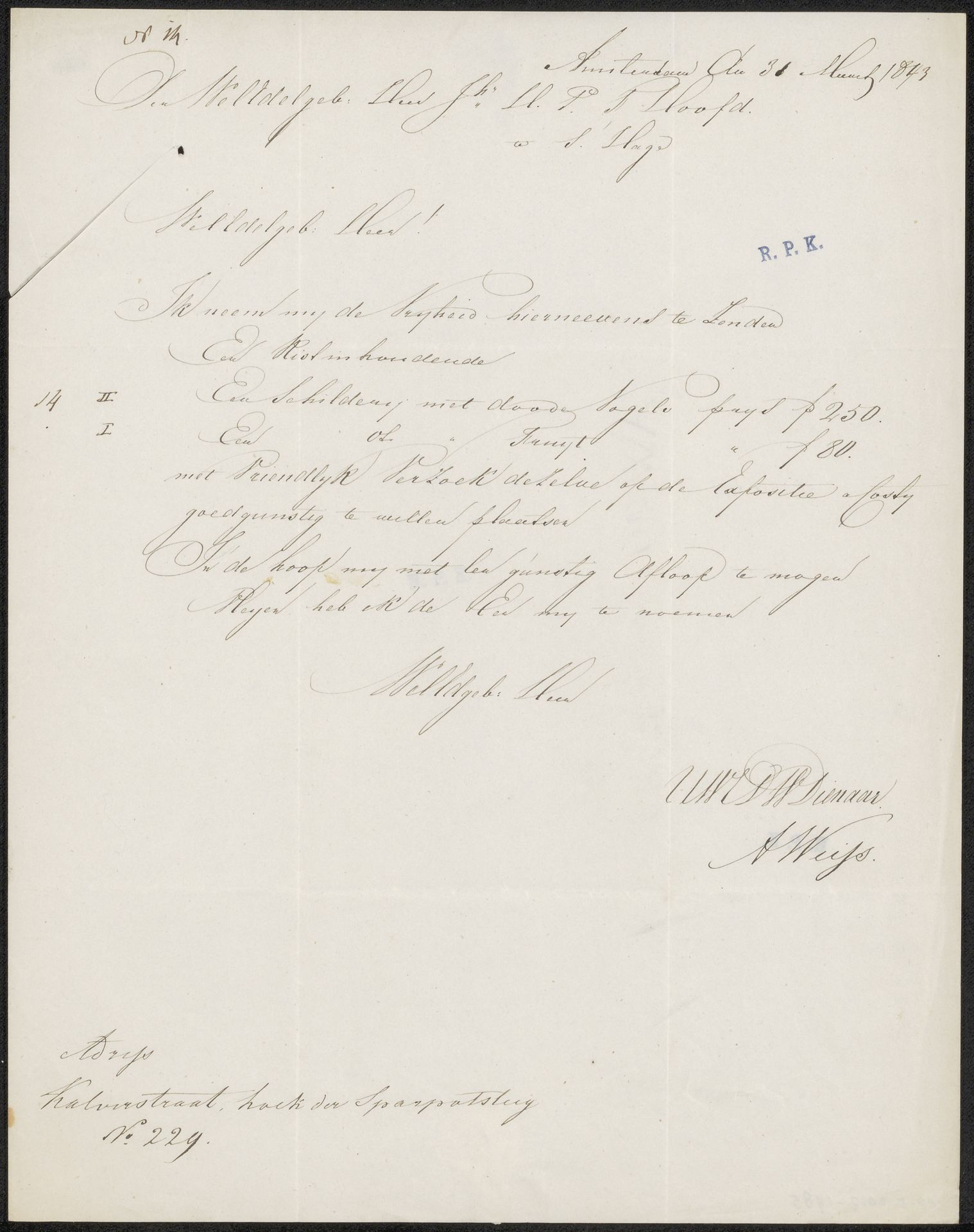 Brief aan jonkheer H.P.F. Hooft, secretaris van de commissie van de Tentoonstelling van Levende Meesters in Den Haag by Anton Weiss