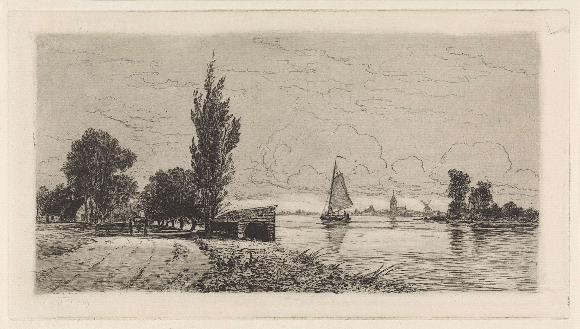 Rivierlandschap met zeilschip by Elias Stark