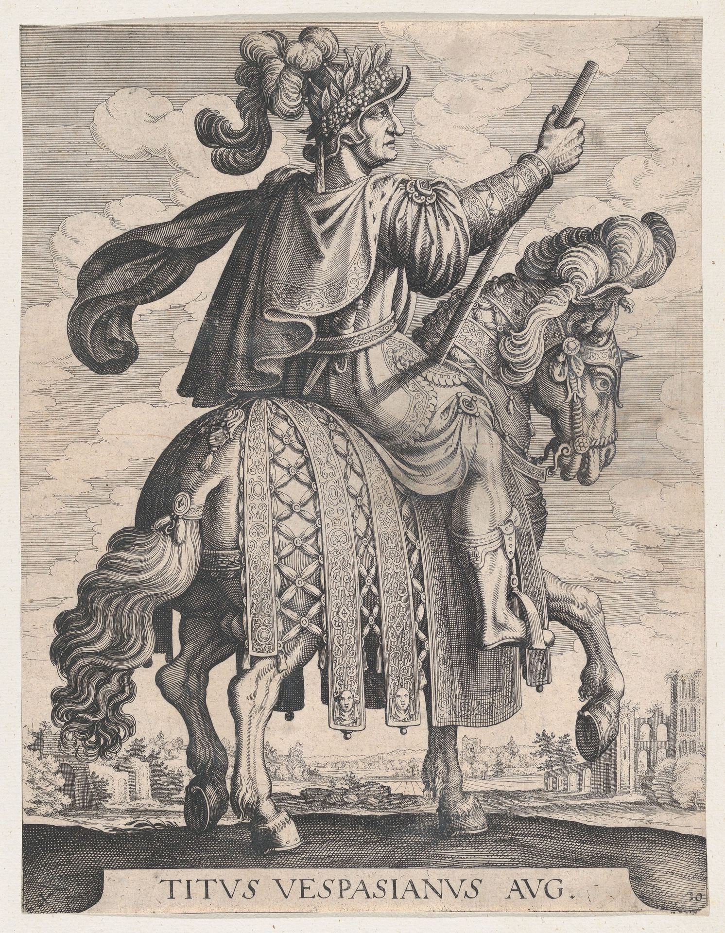 Plate 10: Emperor Titus on Horseback, from 'The First Twelve Roman Caesars' after Tempesta by Matthäus Merian the Elder