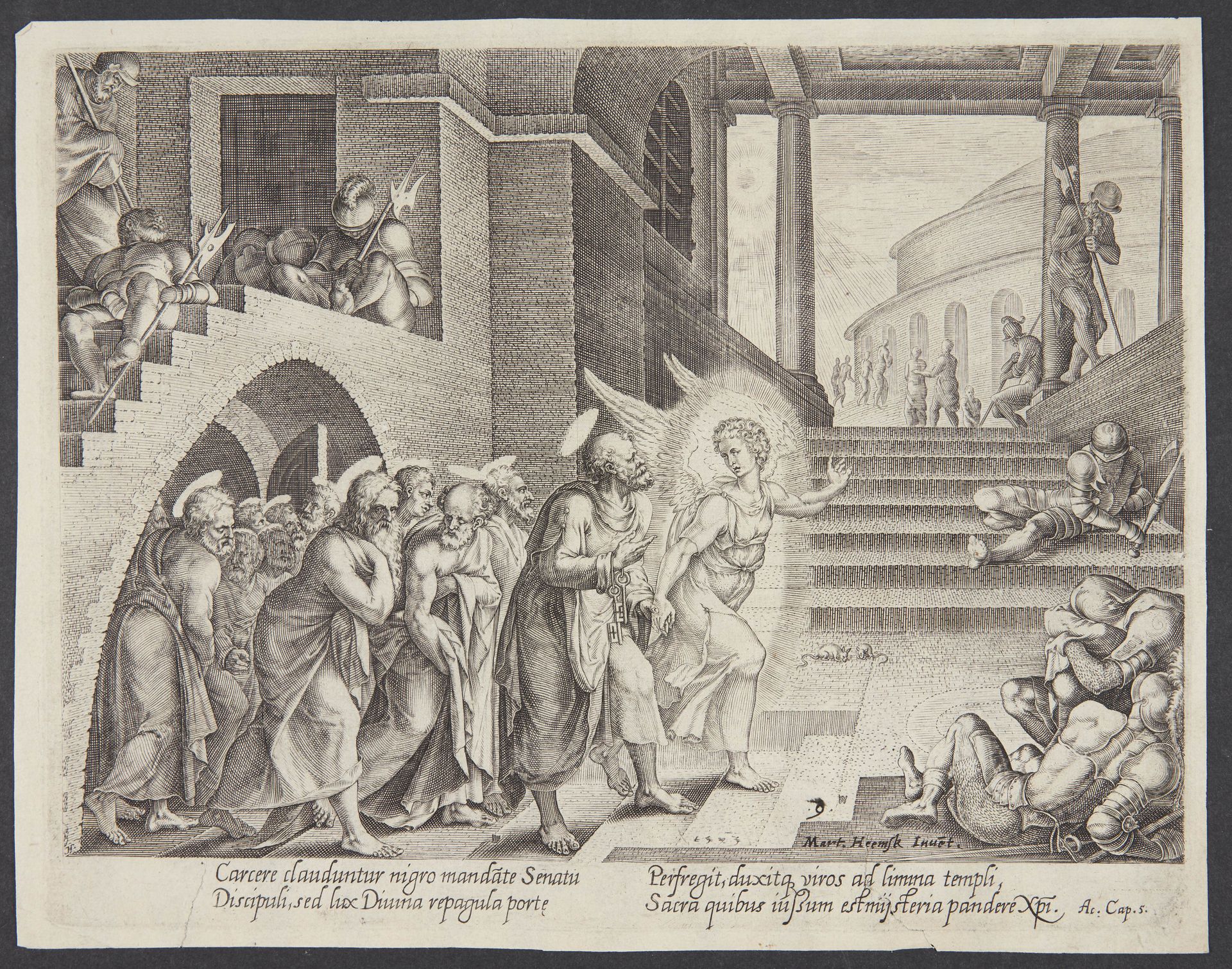 The angel delivering the apostles out of the prison by Philips Galle