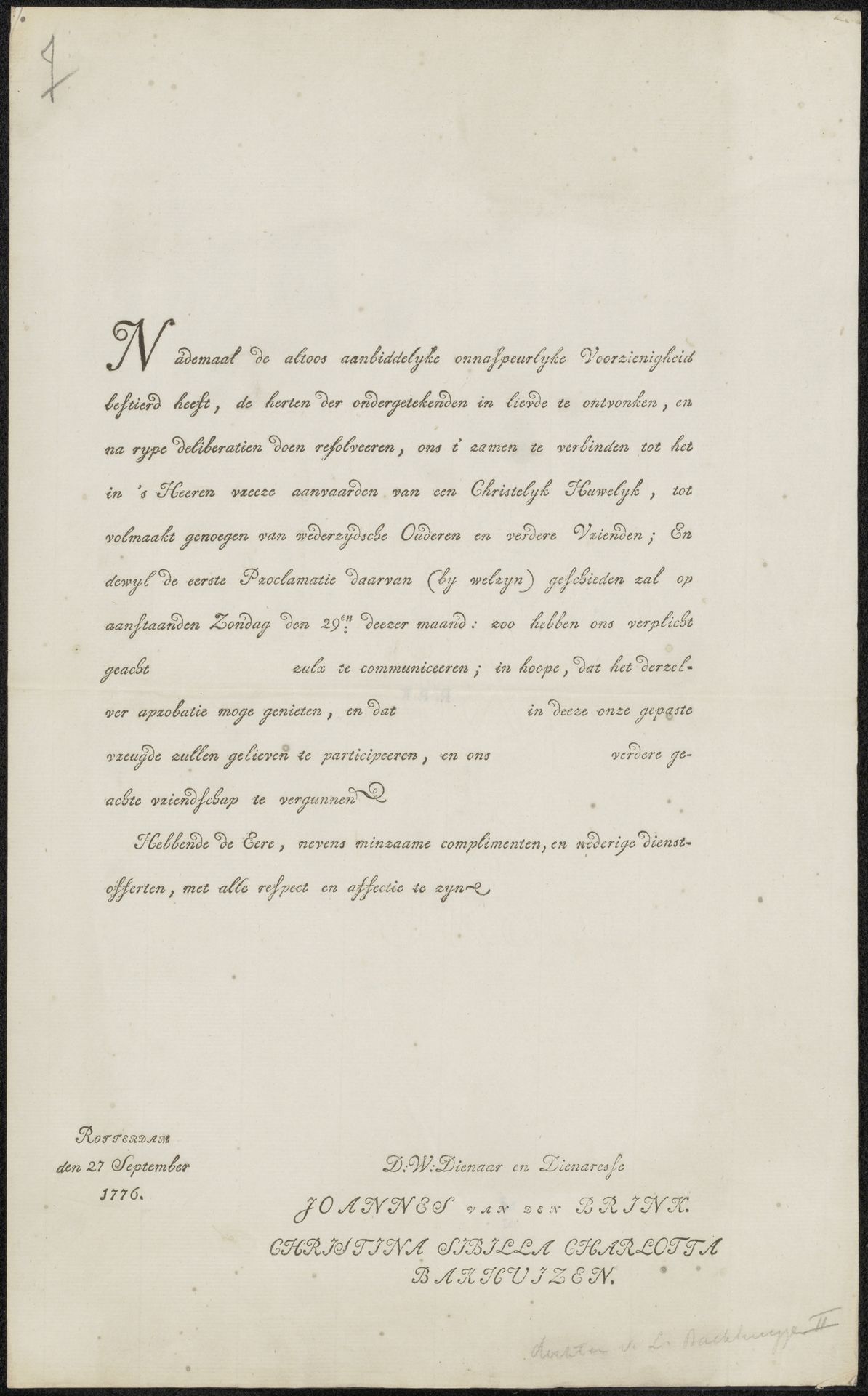 Huwelijksaankondiging van Joannes van den Brink en Christina Sibilla Charlotta Bakhuizen by Anonymous