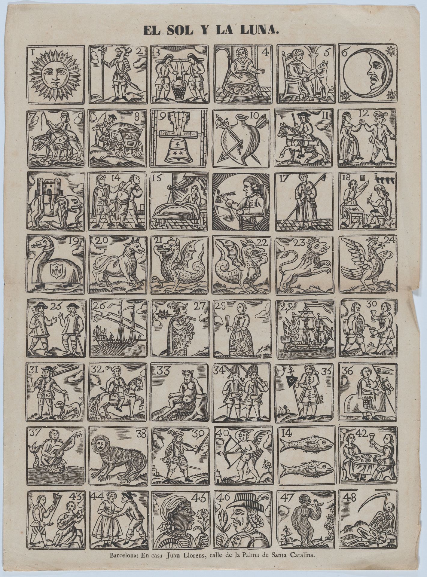 Broadside with 48 allegorical figures pertaining to the sun and the moon by Juan Llorens