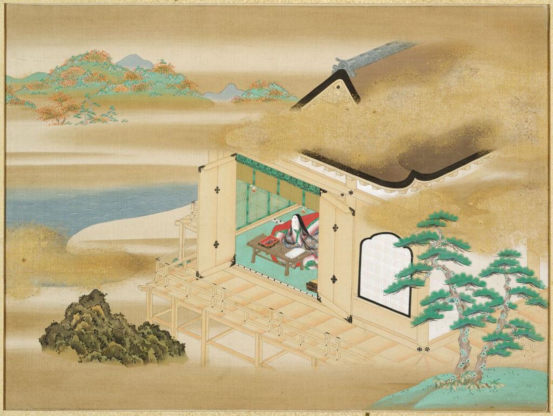 Landscape with Murasaki Shikibu writing at Ishiyamadera (Frontispiece to an album containing 54 illustrations and calligraphic excerpts from the Tale of Genji) by Signed by Tosa Mitsuoki åä½åèµ·