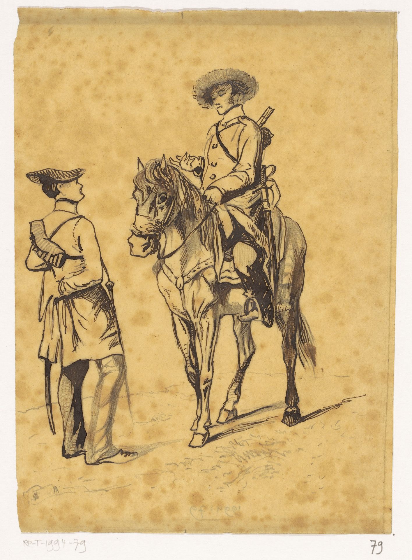 Officier te paard in gesprek met een soldaat by Johannes Tavenraat