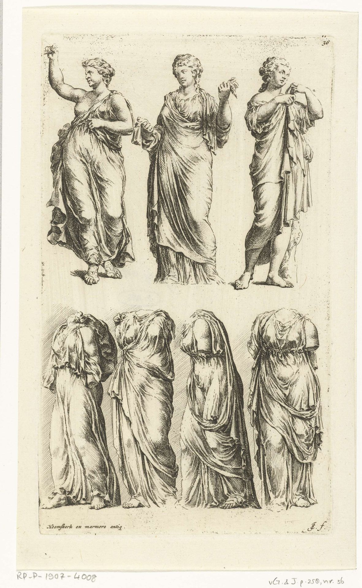 Zeven beelden van vrouwen met antieke kleding by Jan de Bisschop