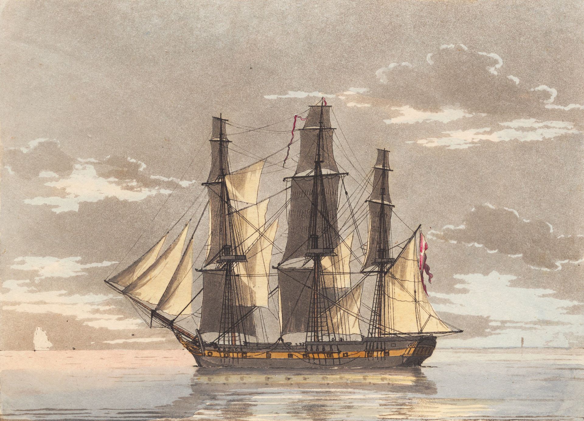 En dansk fregat med alle seil til i et roligt havblik by Niels Truslew