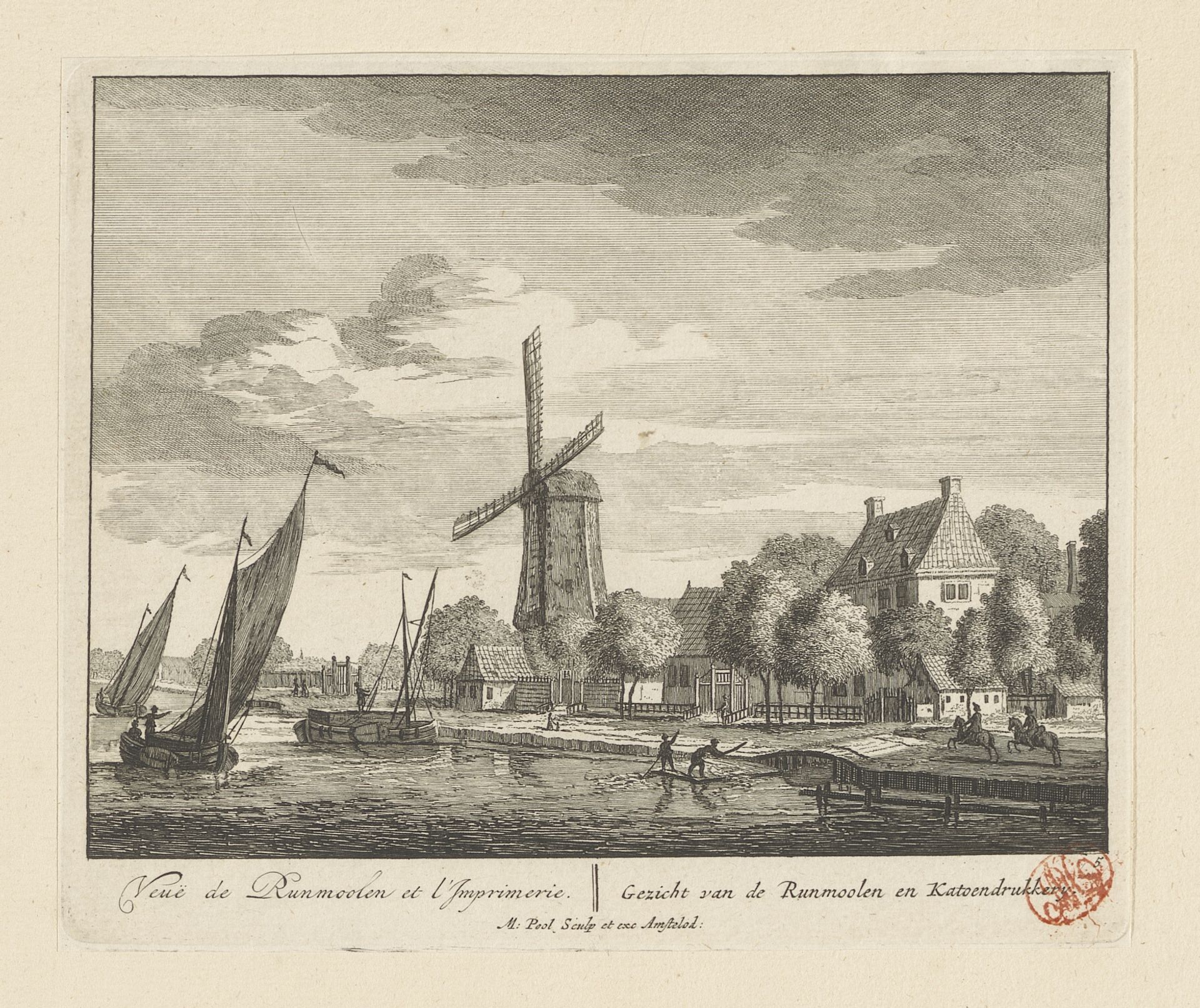 Gezicht op de Amstel bij de runmolen en katoendrukkerij by Matthijs Pool