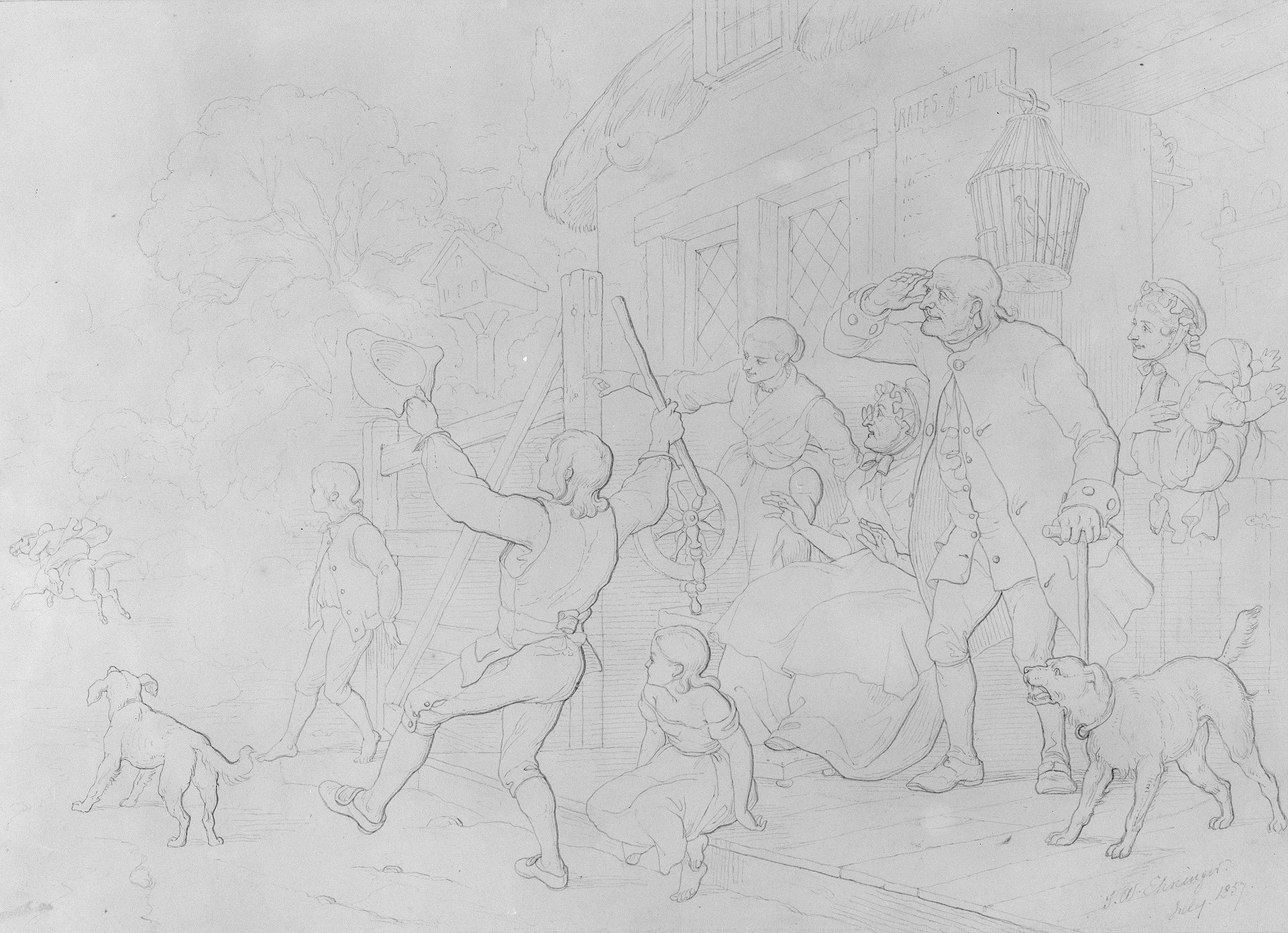 Illustration to William Cowper's Poem "The Diverting History of John Gilpin": John Gilpin's Neighbors Cheer His Speedy Departure from Town as His Horse Runs Away with Him by John Whetten Ehninger
